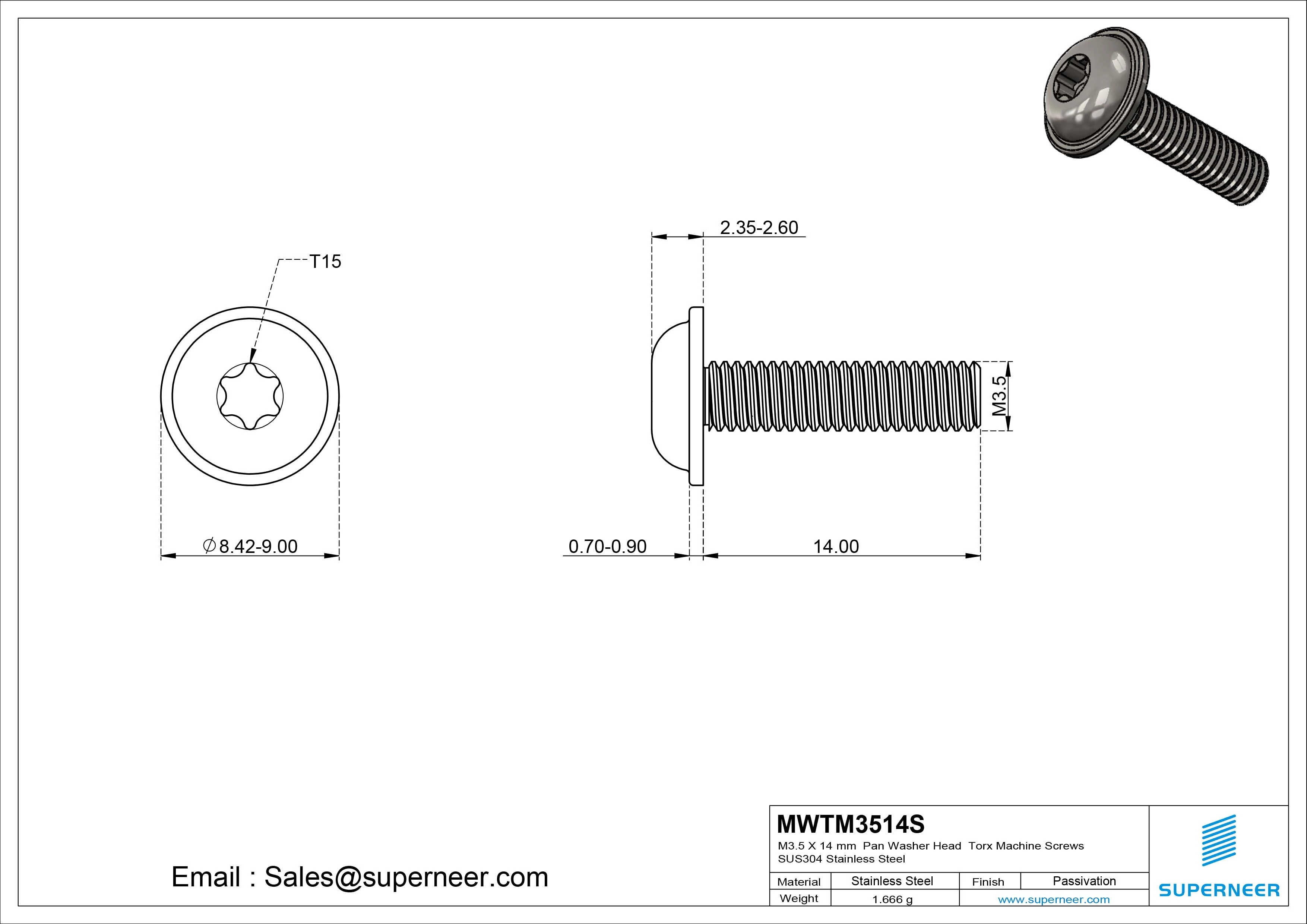 M3.5 x 14 mm Pan Washer Head Torx Machine Screws SUS304 Stainless Steel Inox 