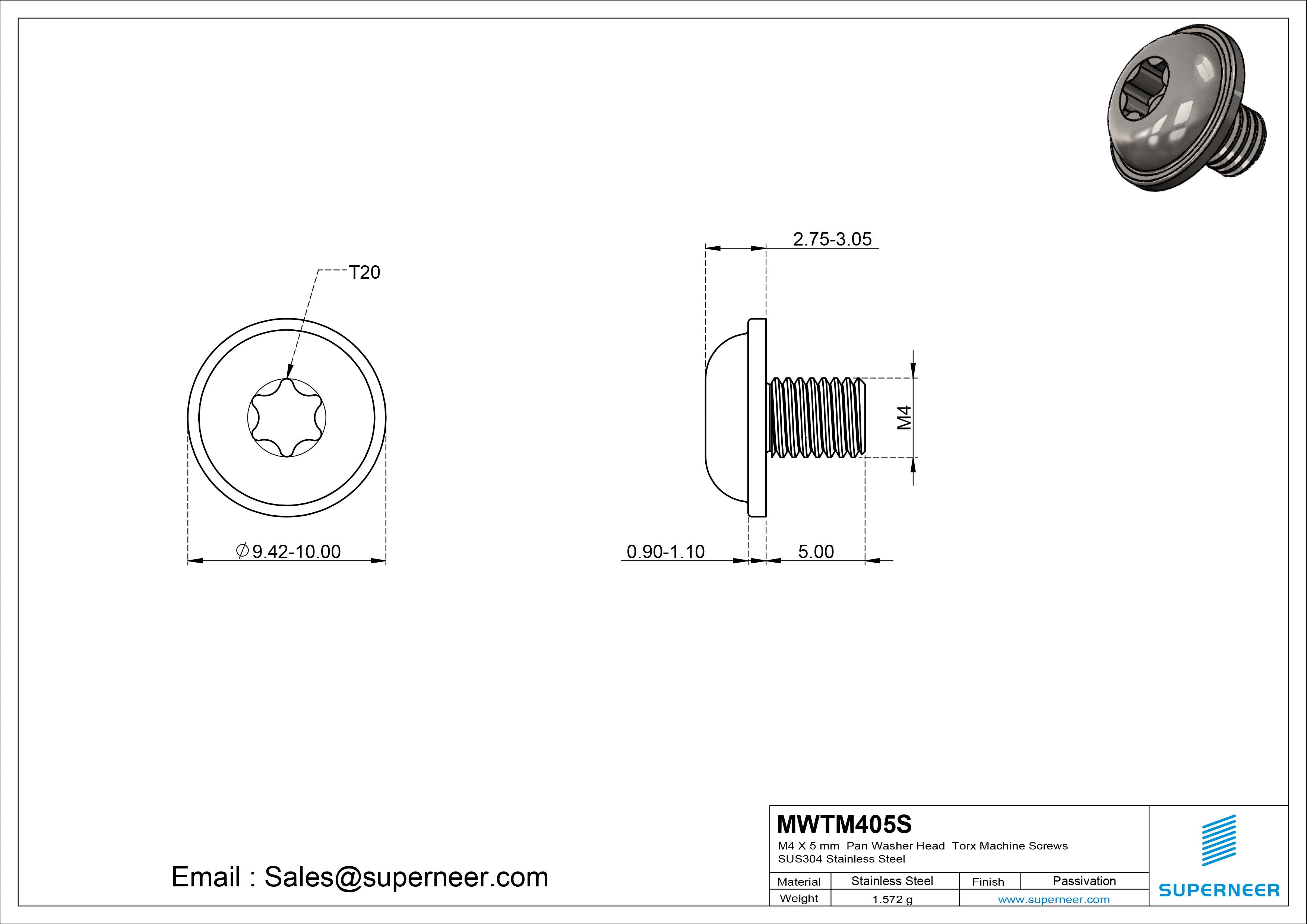 M4 x 5 mm Pan Washer Head Torx Machine Screws SUS304 Stainless Steel Inox 