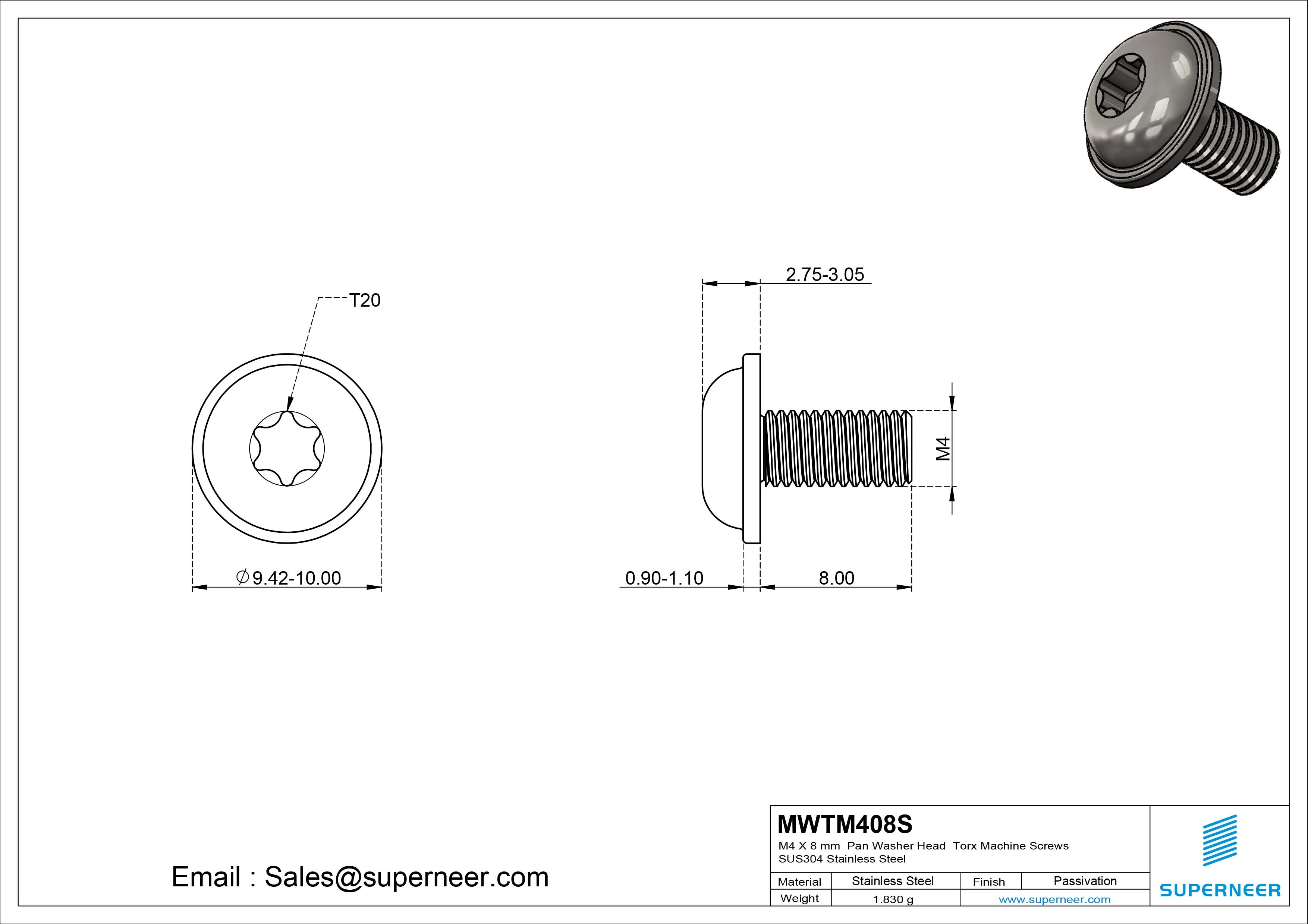 M4 x 8 mm Pan Washer Head Torx Machine Screws SUS304 Stainless Steel Inox 