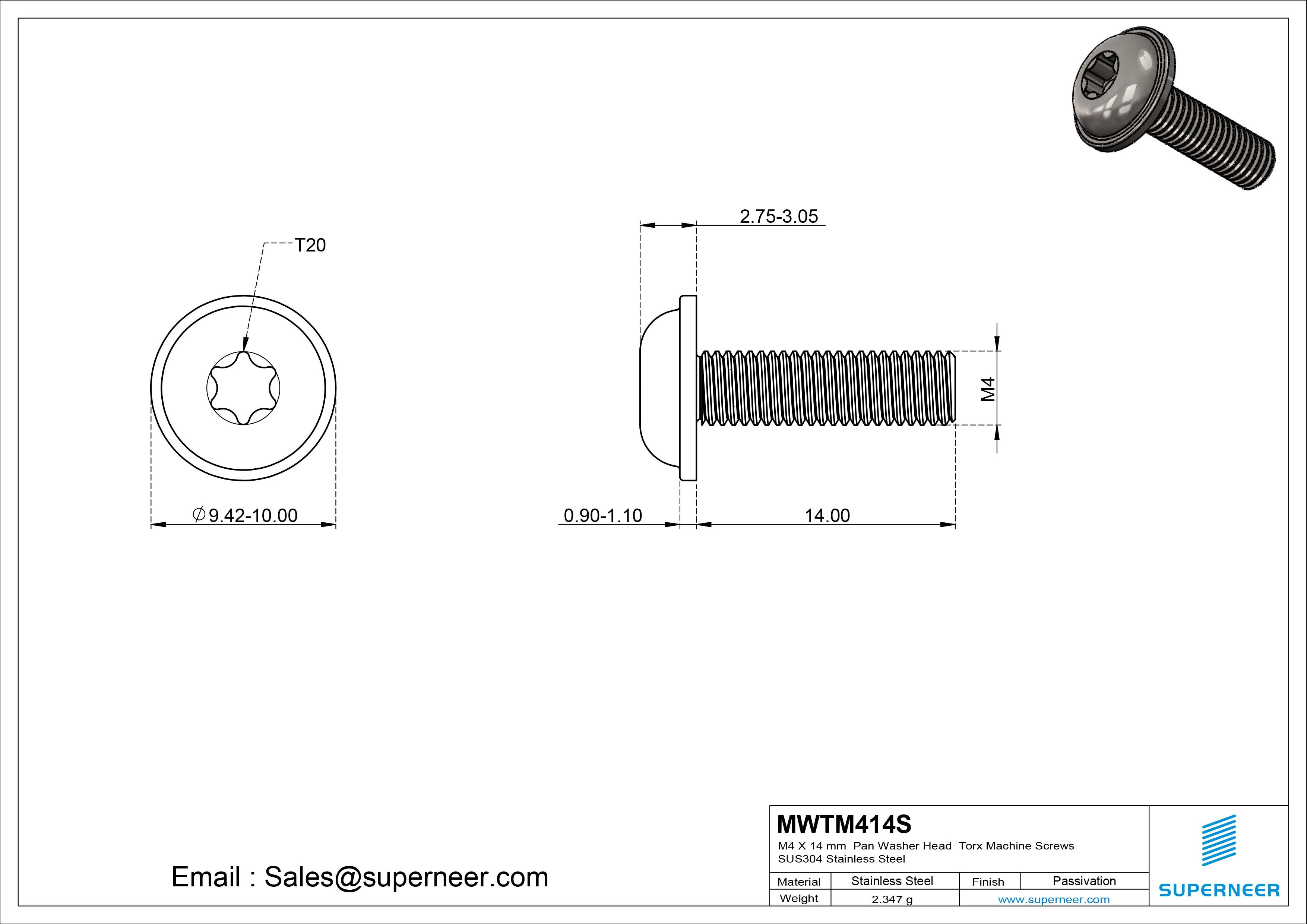 M4 x 14 mm Pan Washer Head Torx Machine Screws SUS304 Stainless Steel Inox 