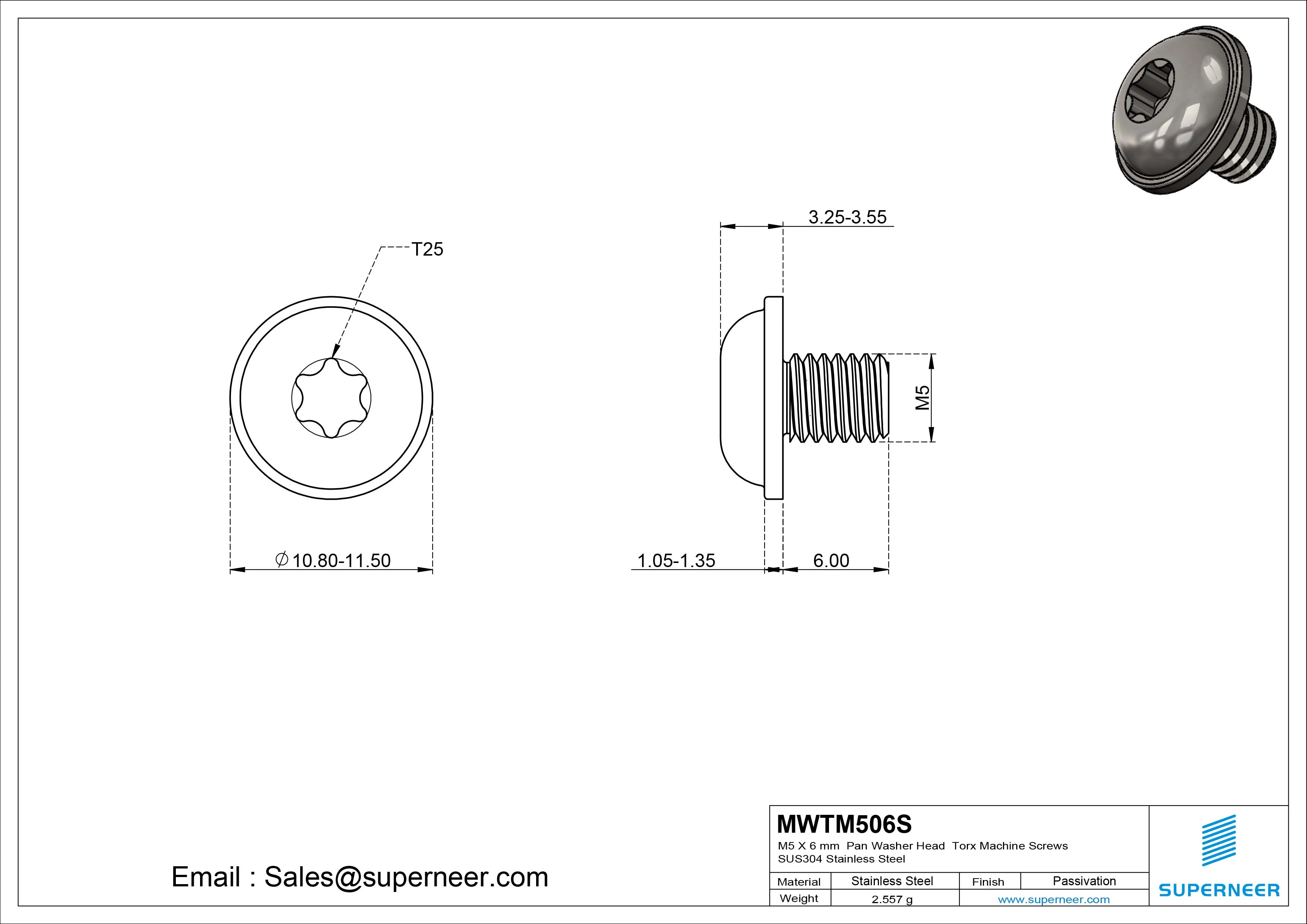M5 x 6 mm Pan Washer Head Torx Machine Screws SUS304 Stainless Steel Inox 