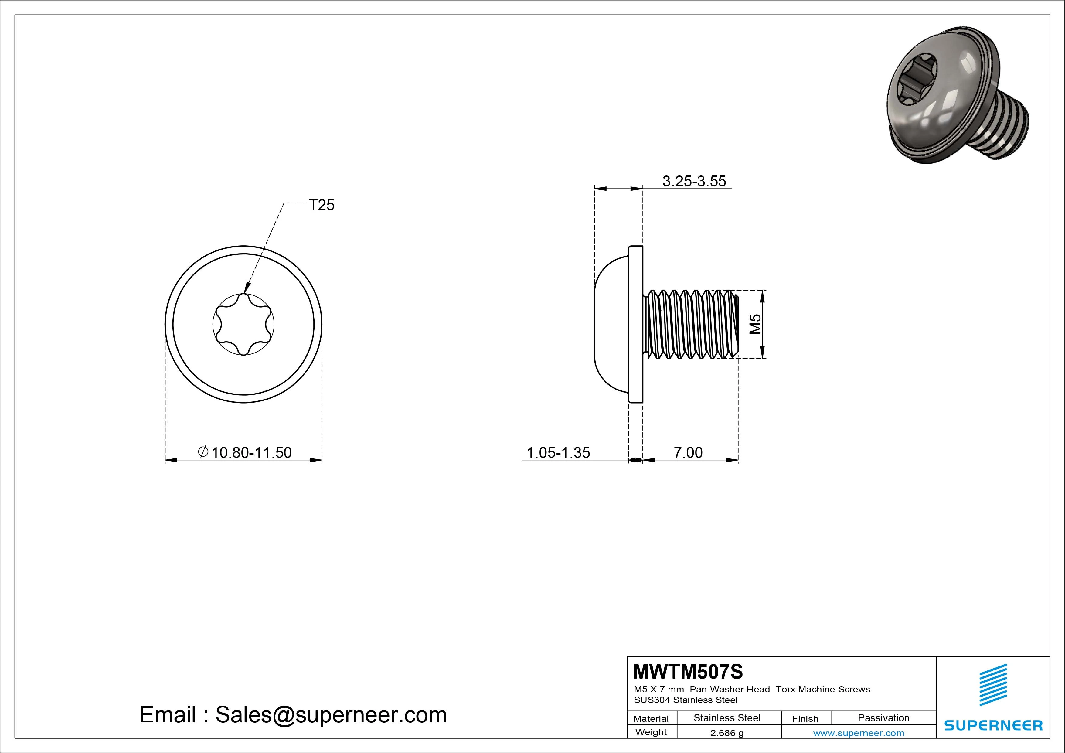 M5 x 7 mm Pan Washer Head Torx Machine Screws SUS304 Stainless Steel Inox 