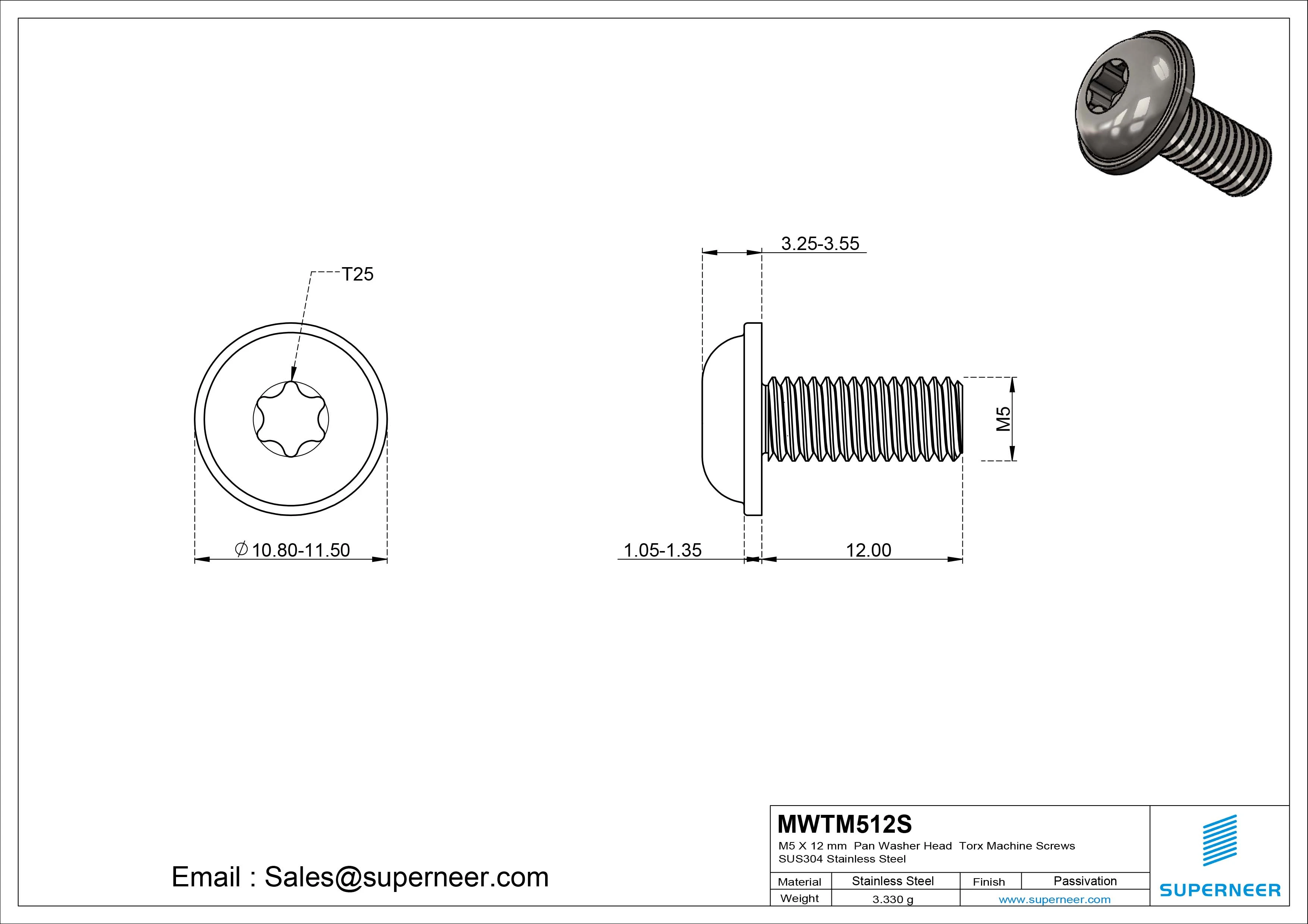 M5 x 12 mm Pan Washer Head Torx Machine Screws SUS304 Stainless Steel Inox 