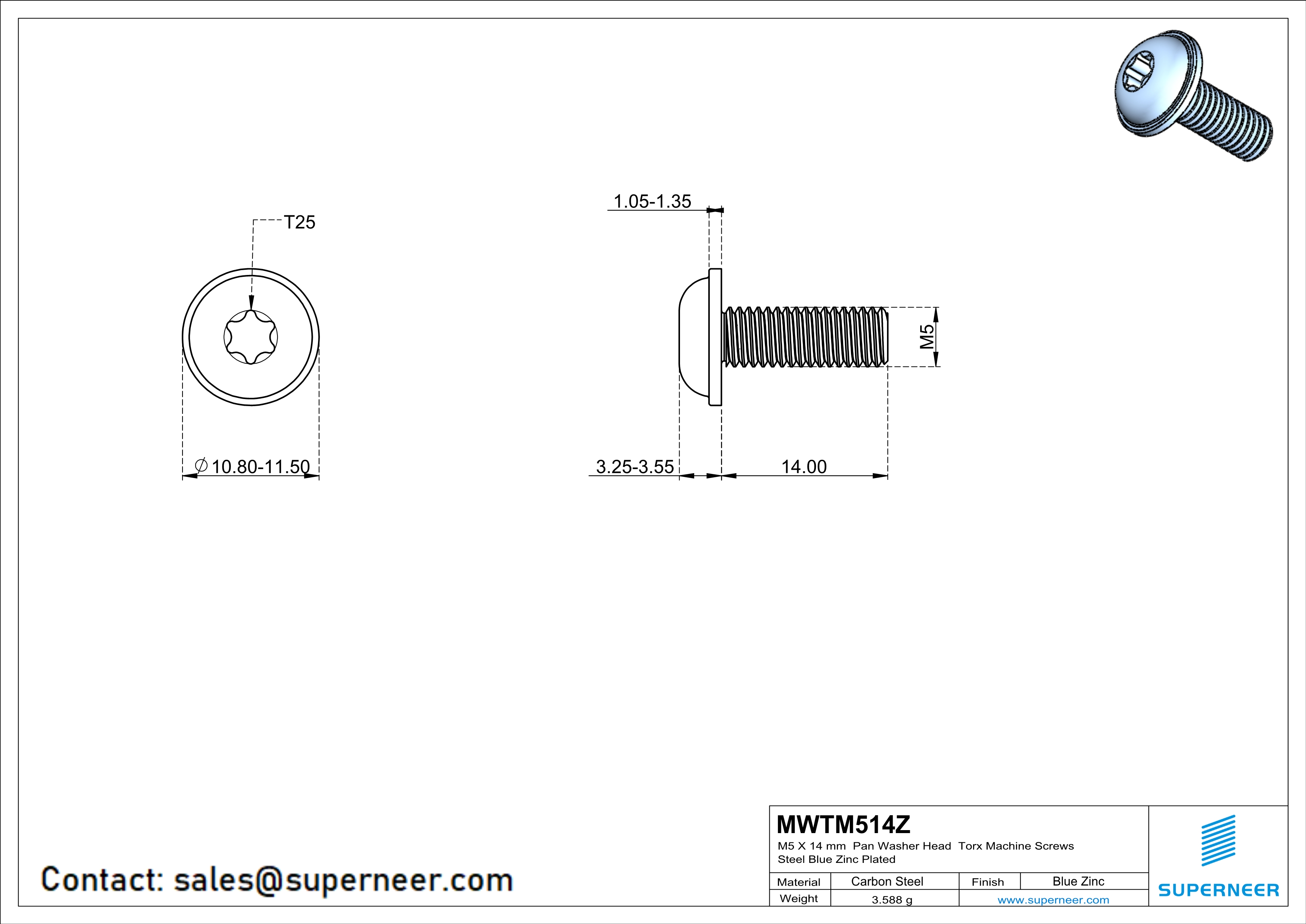 M5 x 14 mm Pan Washer Head Torx Machine Screws Steel Blue Zinc Plated 
