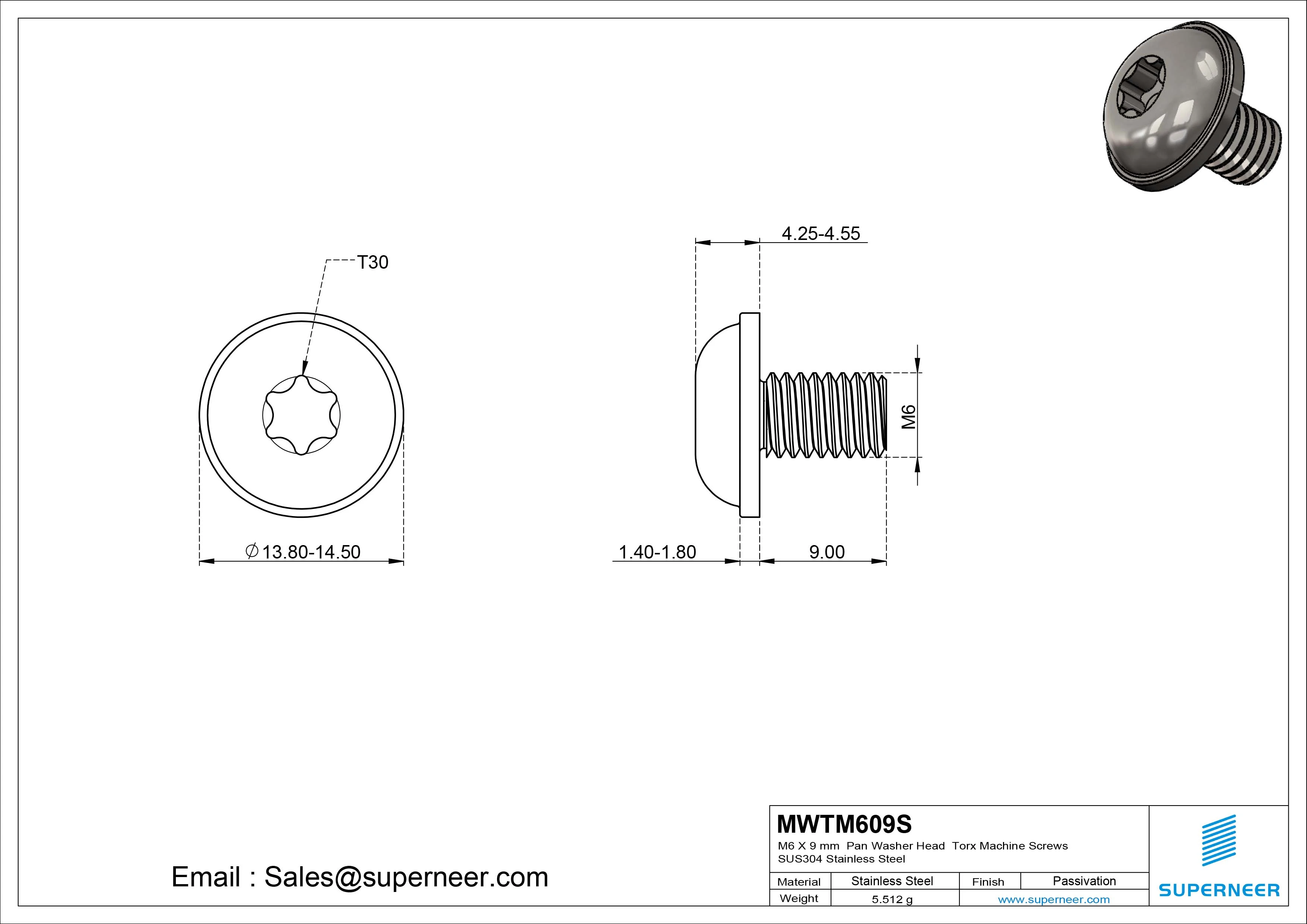 M6 x 9 mm Pan Washer Head Torx Machine Screws SUS304 Stainless Steel Inox 