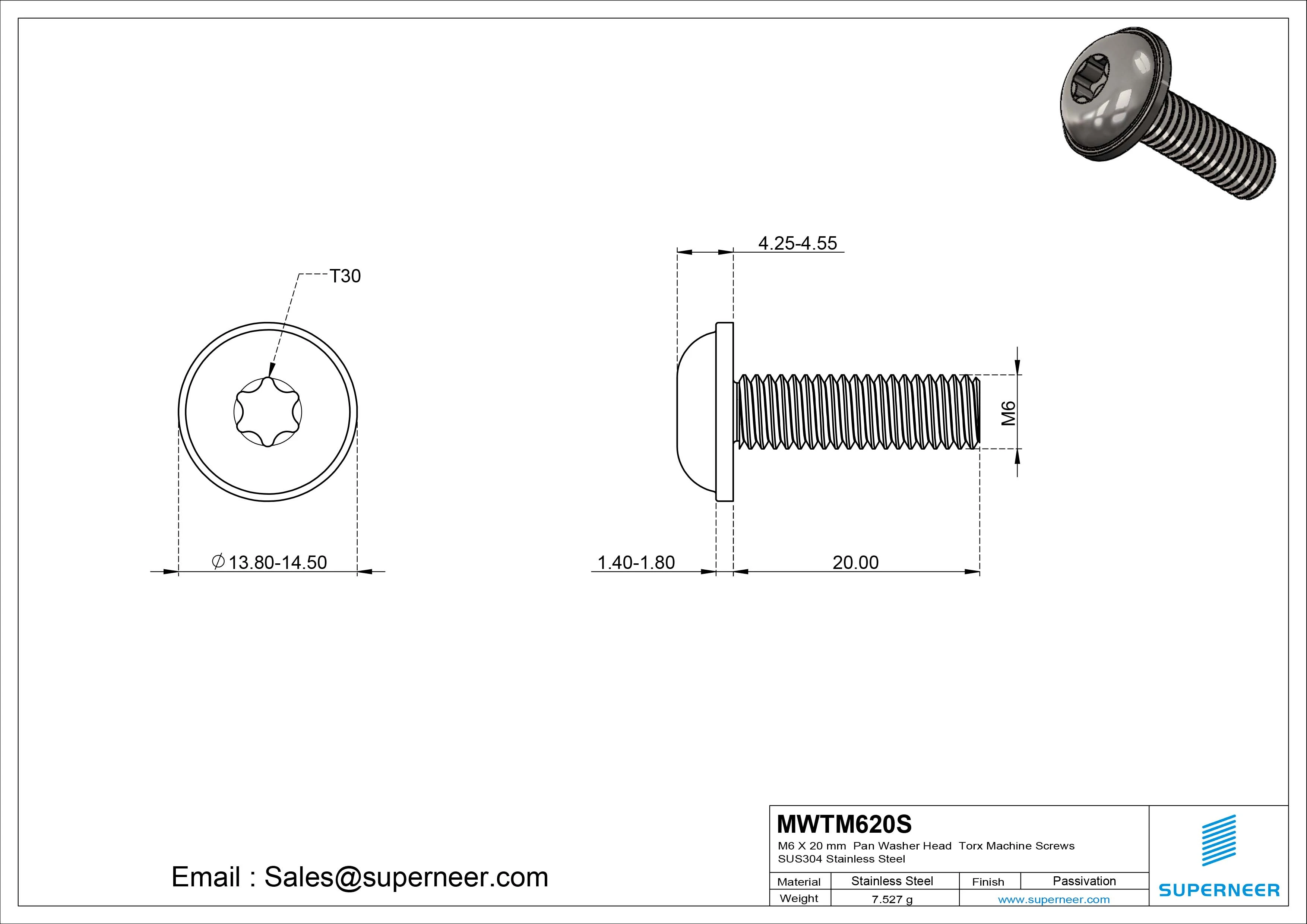 M6 x 20 mm Pan Washer Head Torx Machine Screws SUS304 Stainless Steel Inox 