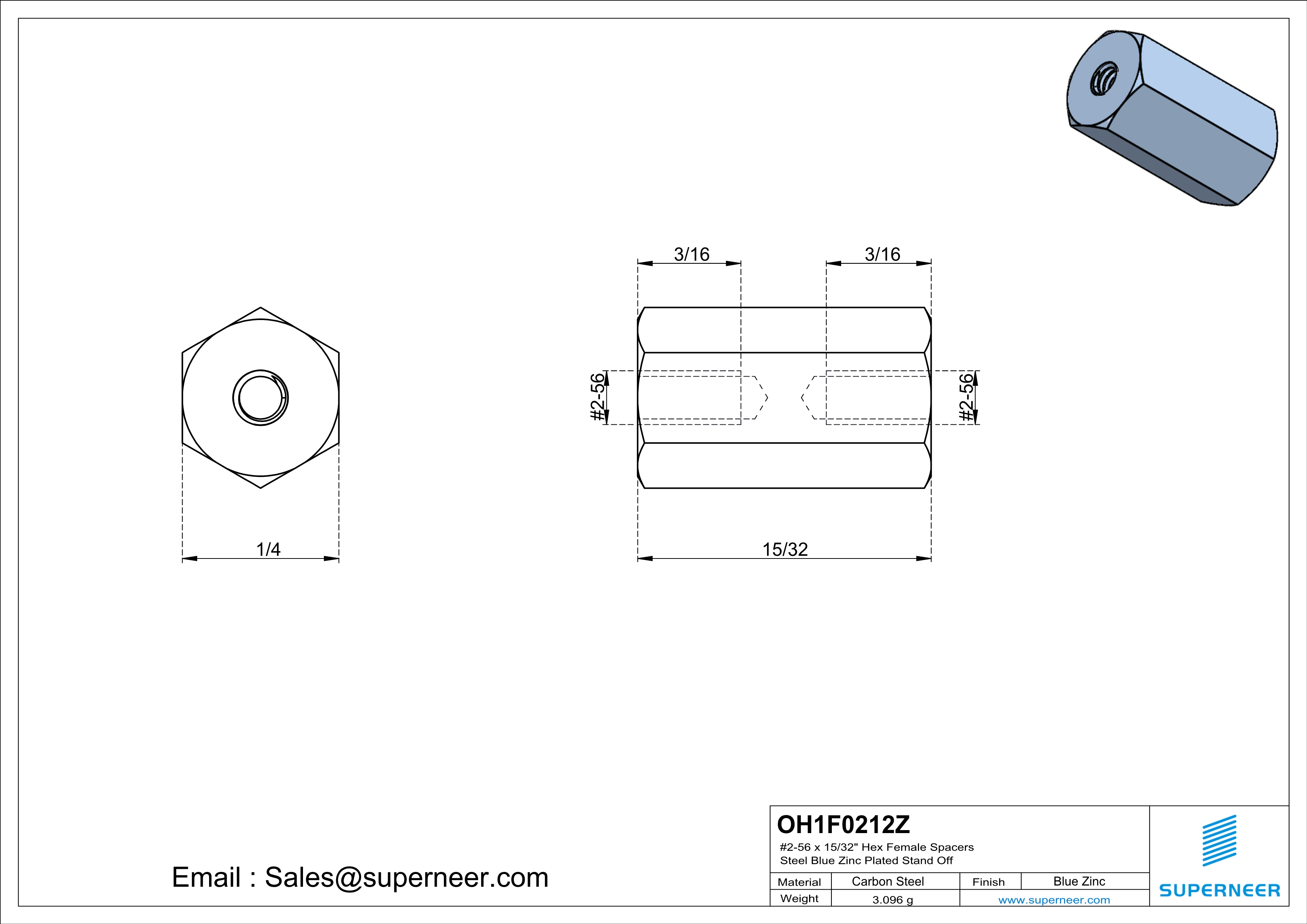 2-56 x 15/32" Hex Female Spacers Steel Blue Zinc Plated Stand Off 