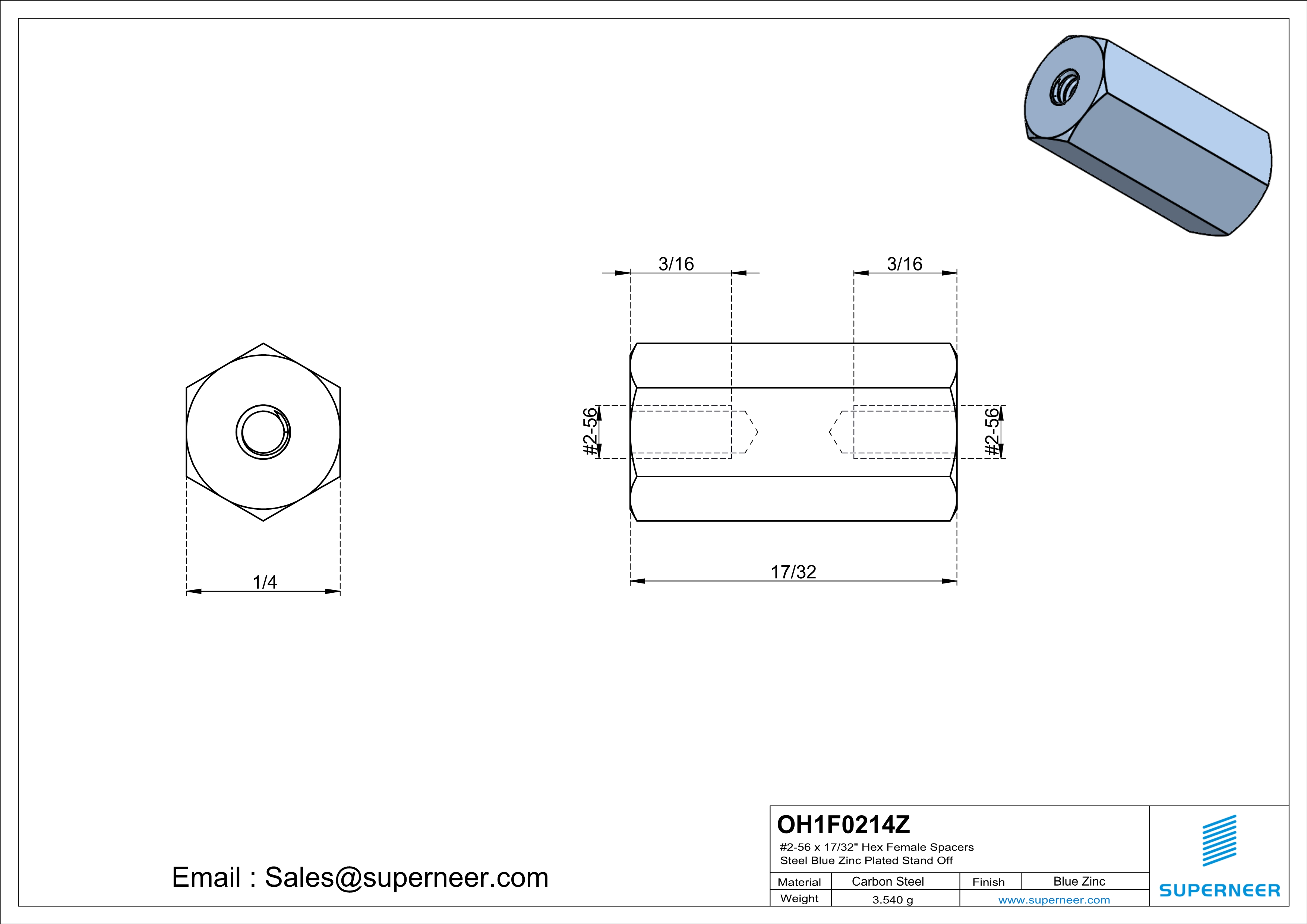 2-56 x 17/32" Hex Female Spacers Steel Blue Zinc Plated Stand Off 