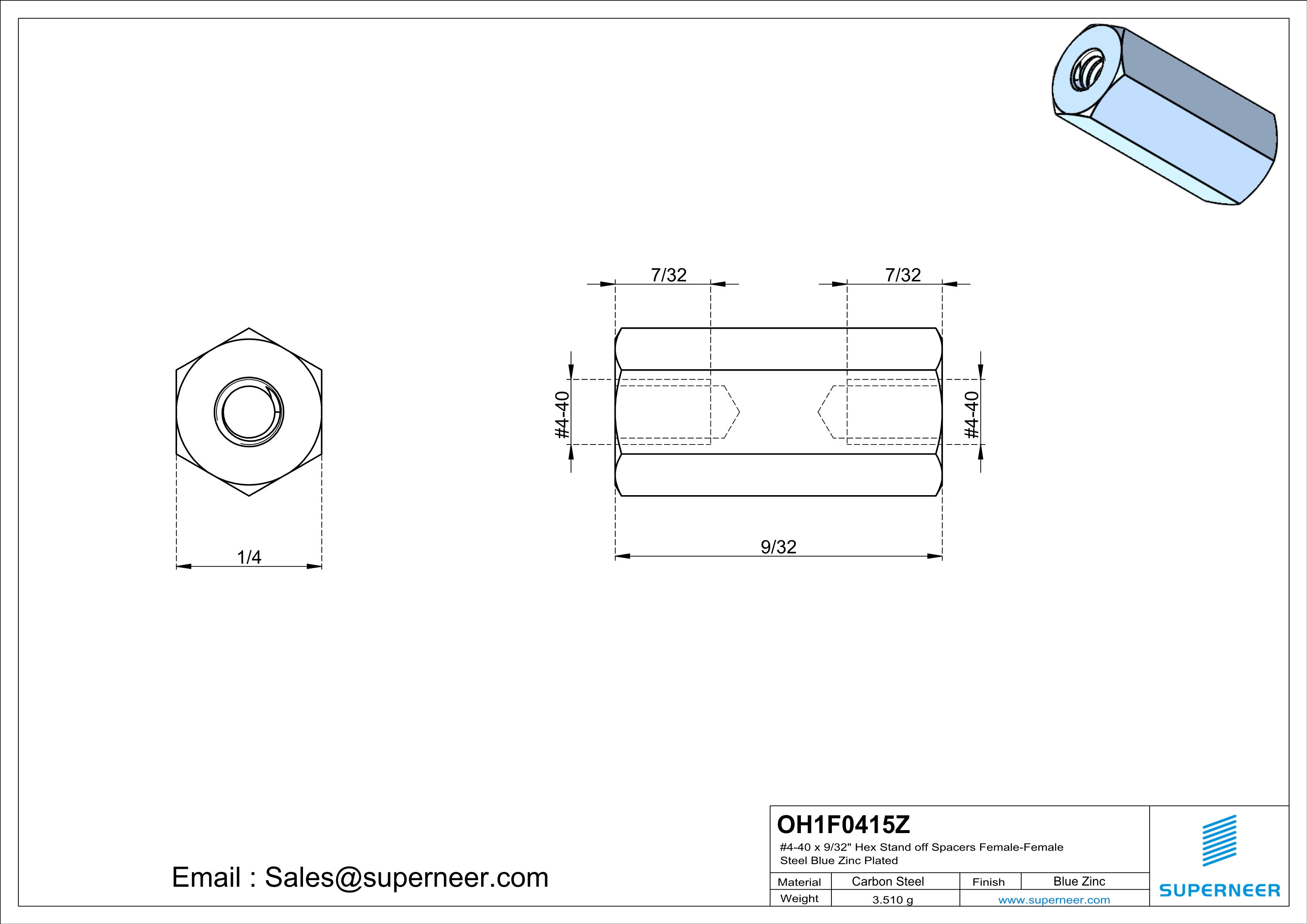 4-40 x 9/16" Hex Stand off Spacers Female-Female Steel Blue Zinc Plated 