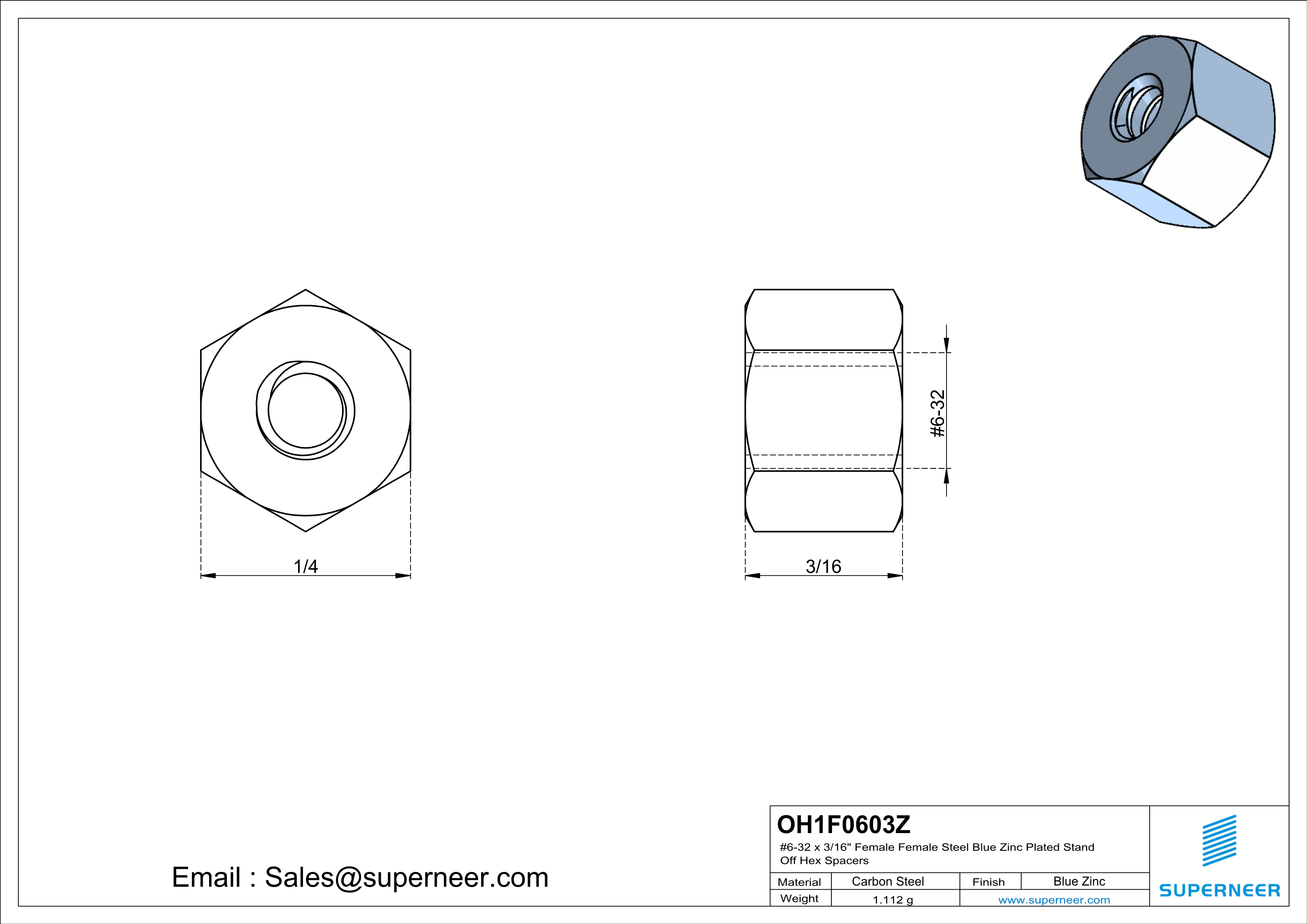 6-32 x 3/16" Female Female Steel Blue Zinc Plated Stand Off Hex Spacers 