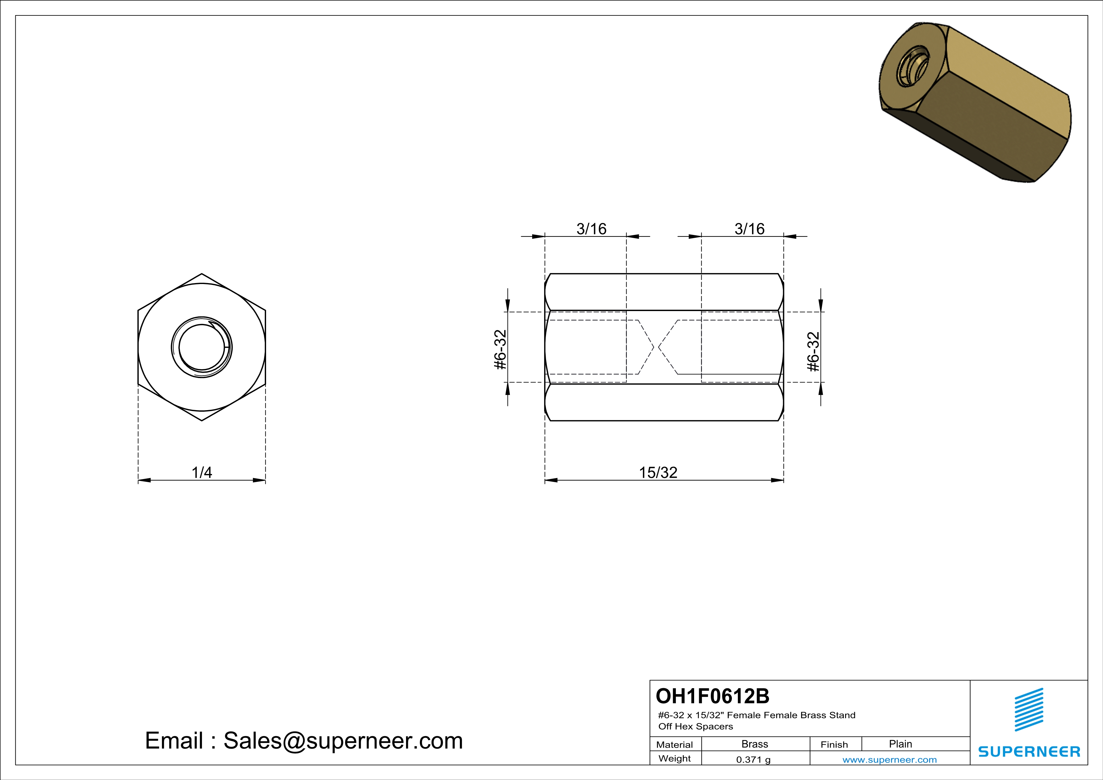 6-32 x 15/32" Female Female Brass Stand Off Hex Spacers 