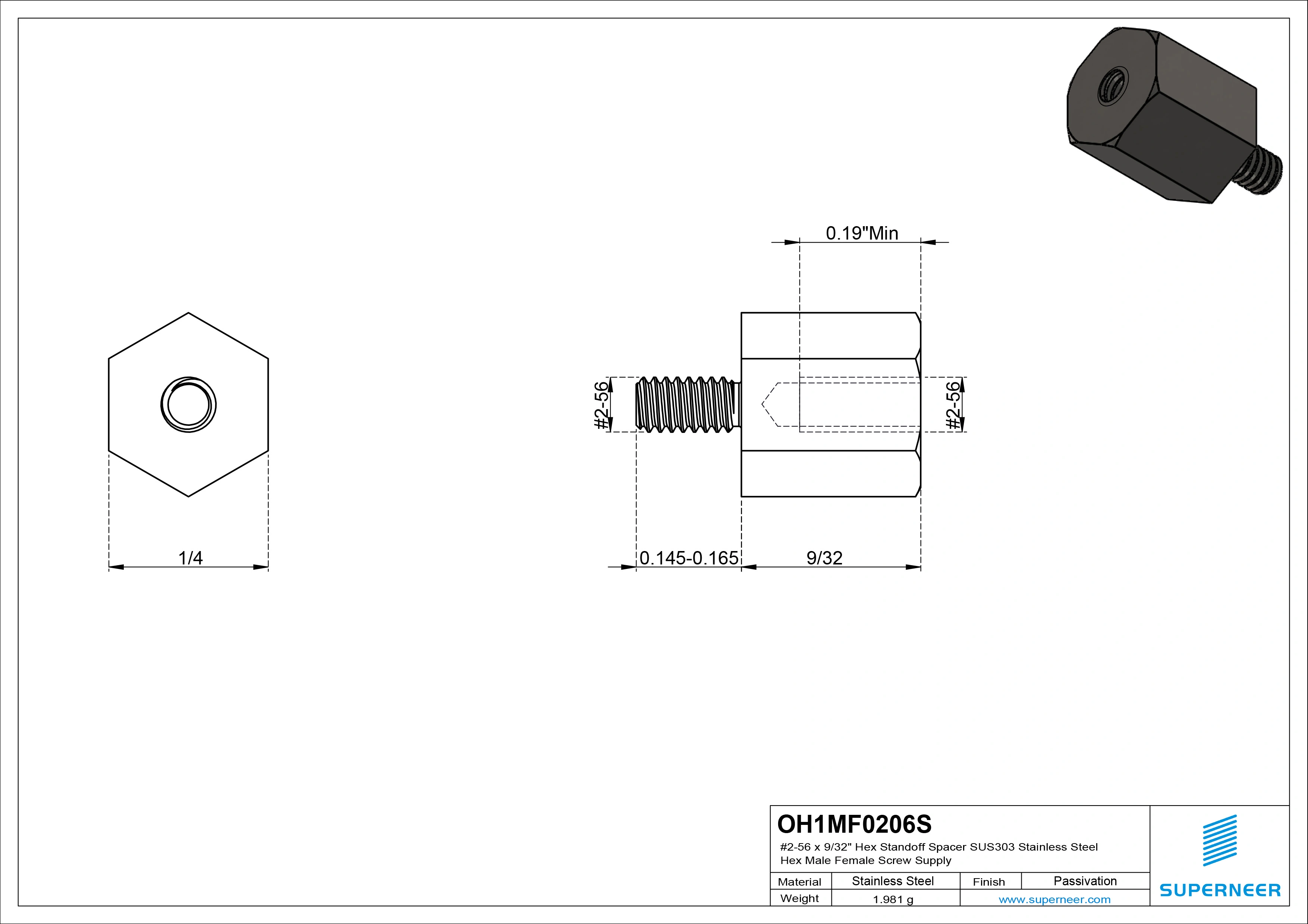 2-56 x 9/32" Hex Standoff Spacer SUS303 Stainless Steel Inox Hex Male Female Screw Supply