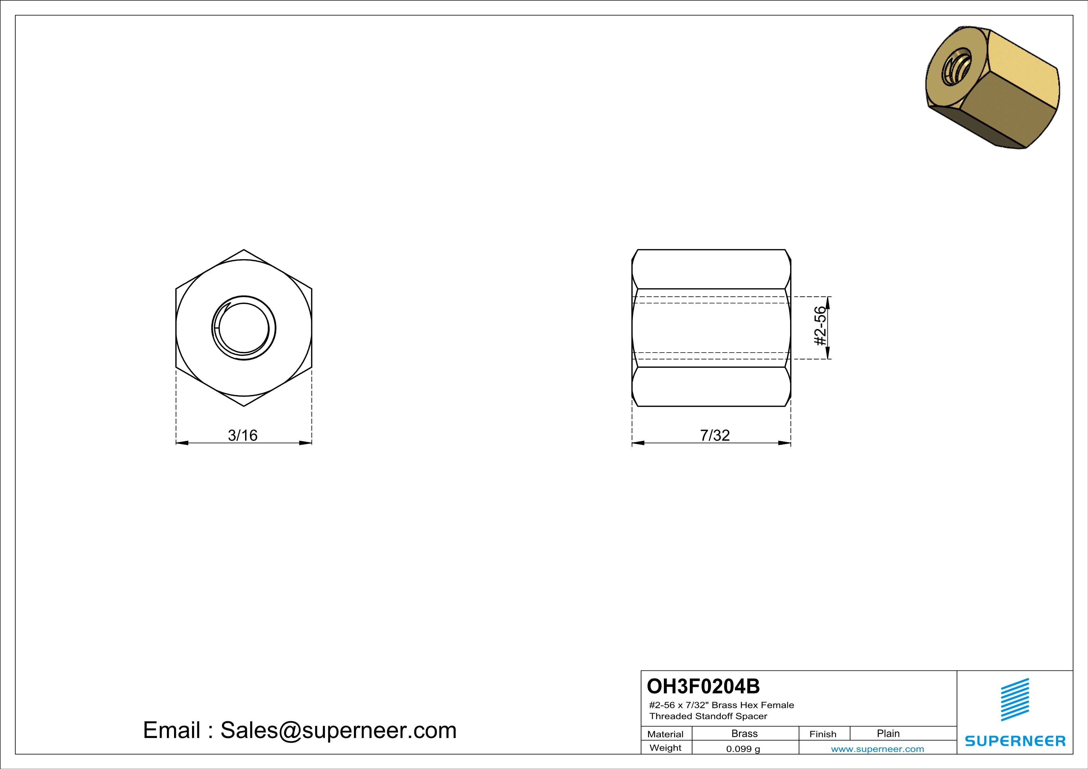 2-56 x 7/32" Brass Hex Female Threaded Standoff Spacer