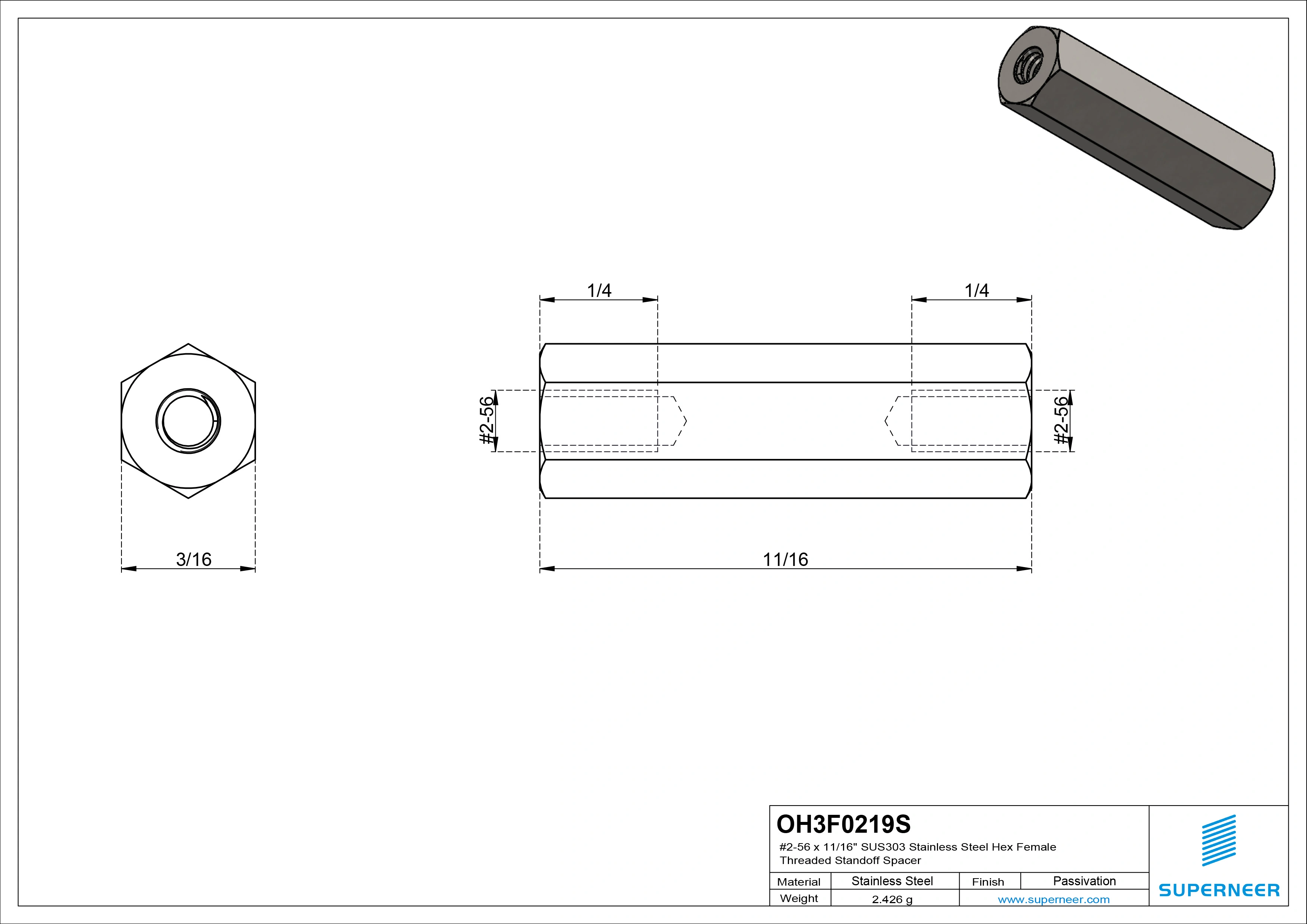 2-56 x 11/16" SUS303 Stainless Steel Inox Hex Female Threaded Standoff Spacer