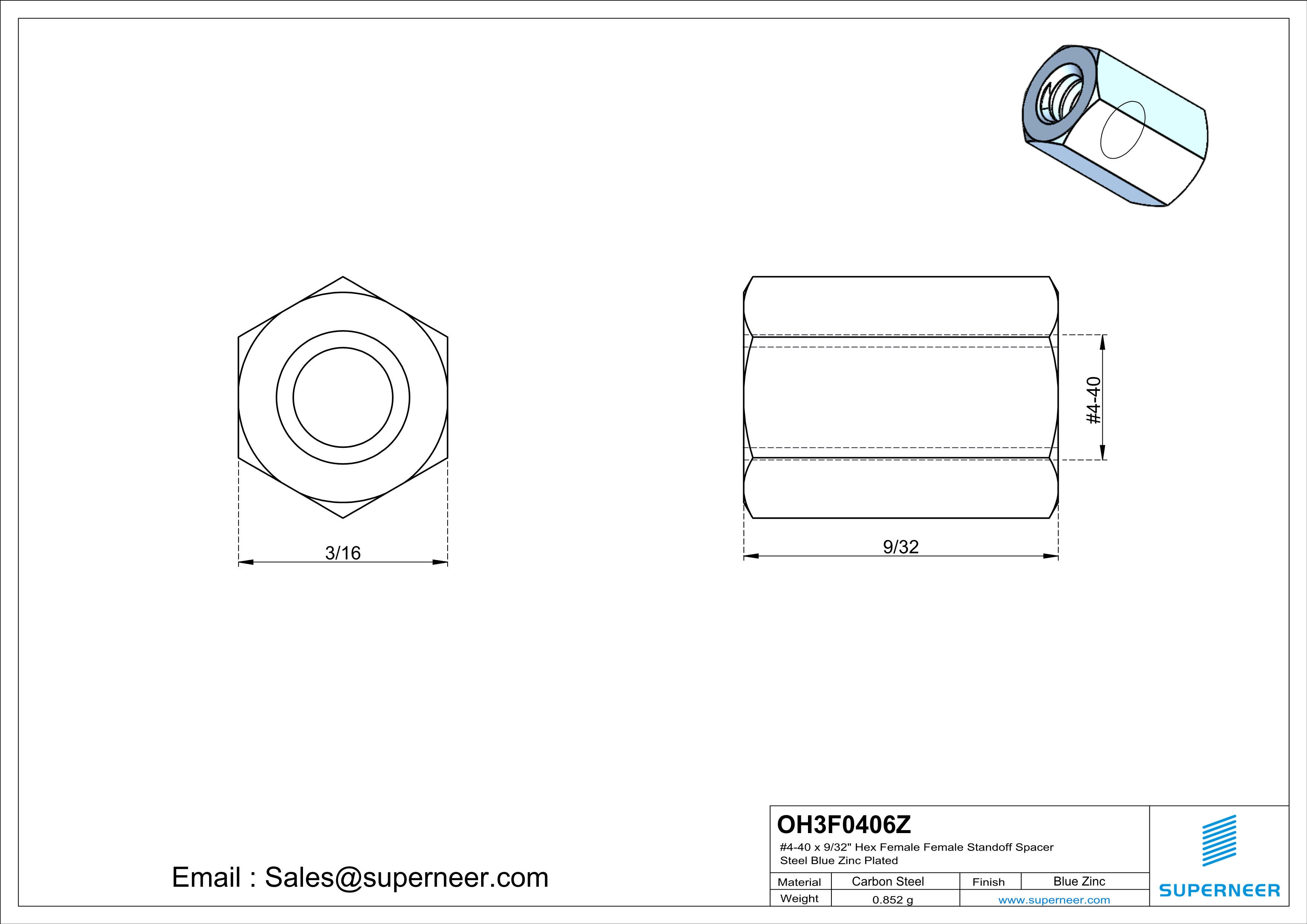 4-40 x 9/32" Hex Female Female Standoff Spacer Steel Blue Zinc Plated 
