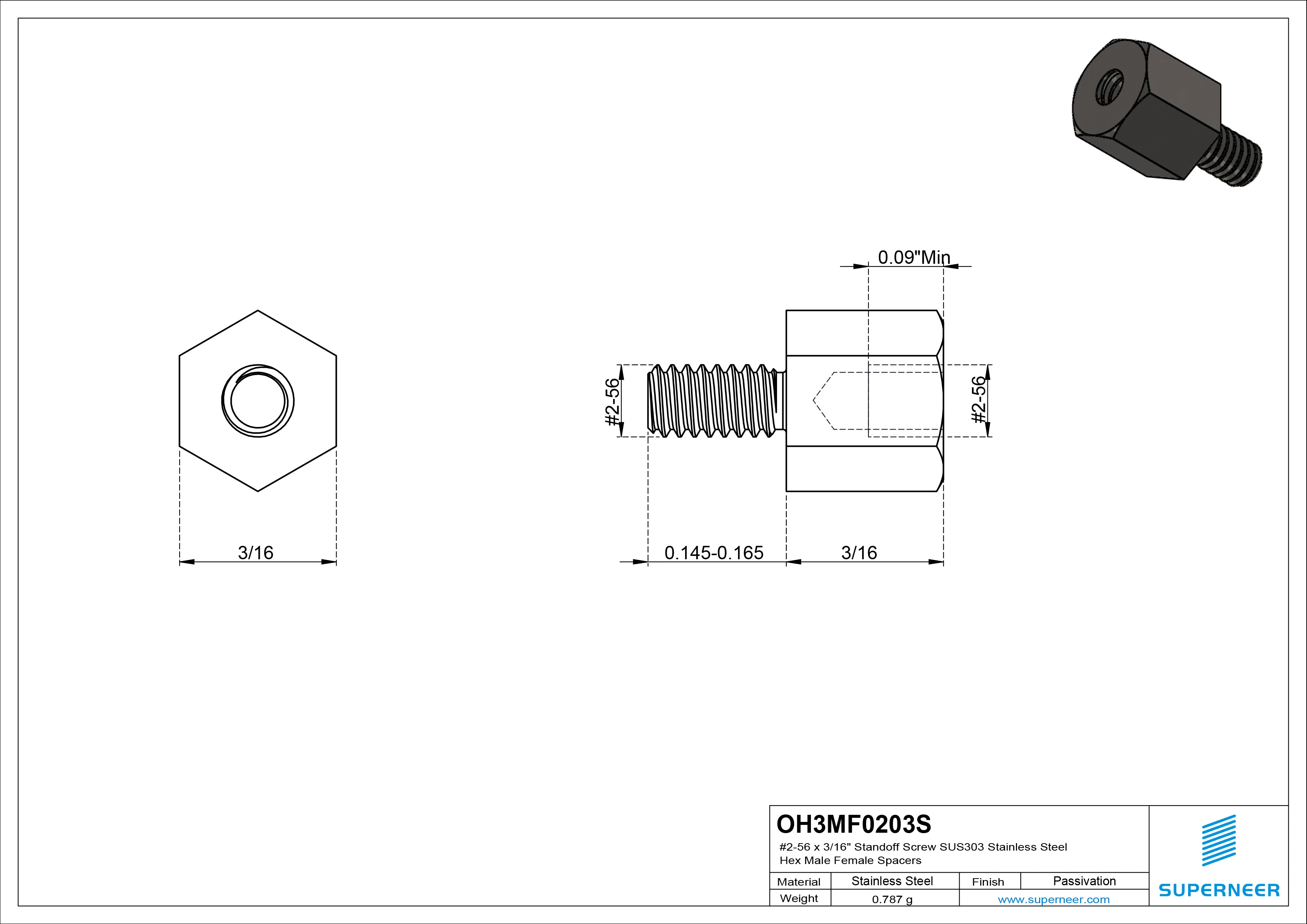 2-56 x 3/16" Standoff Screw SUS303 Stainless Steel Inox Hex Male Female Spacers 