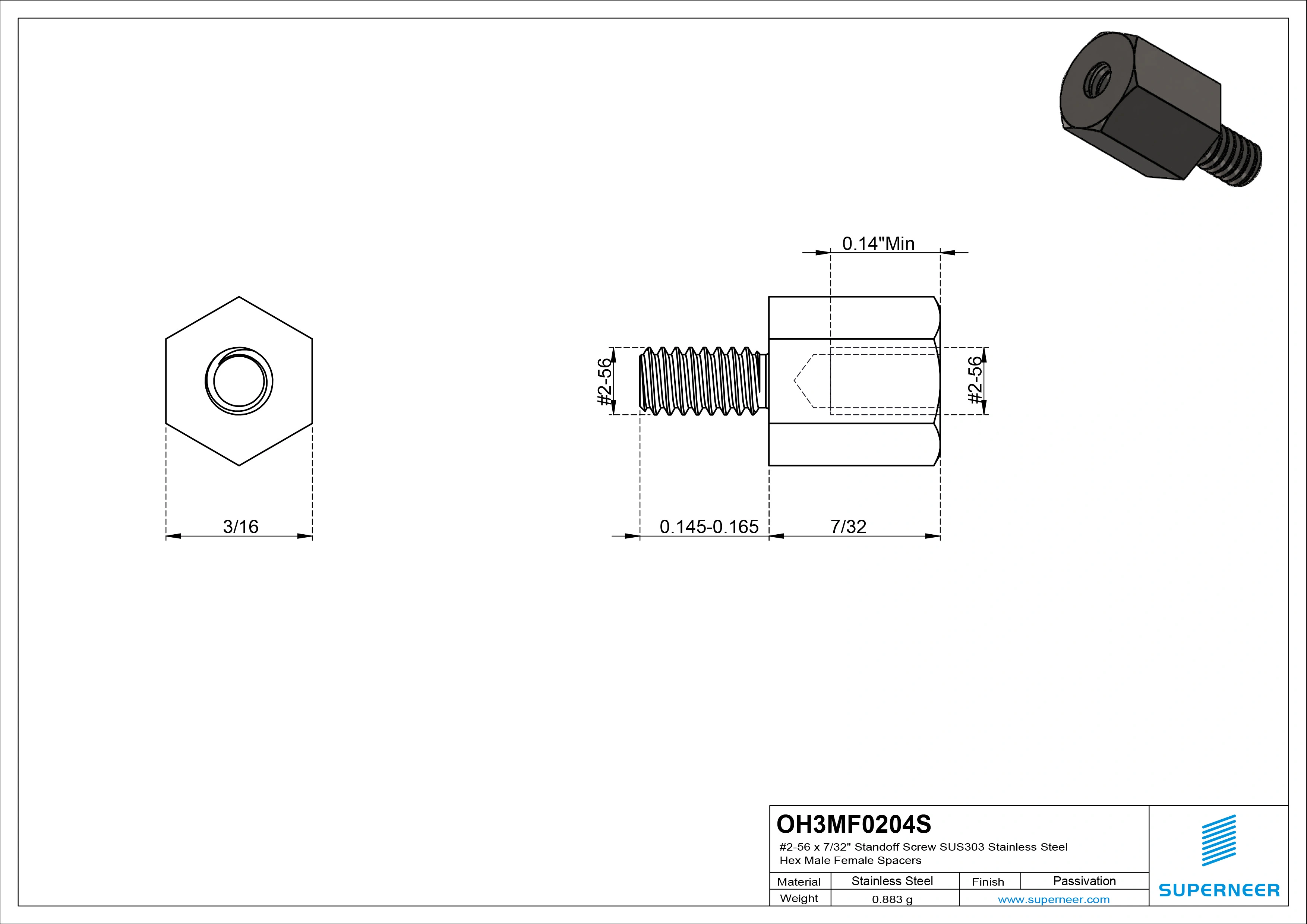 2-56 x 7/32" Standoff Screw SUS303 Stainless Steel Inox Hex Male Female Spacers 