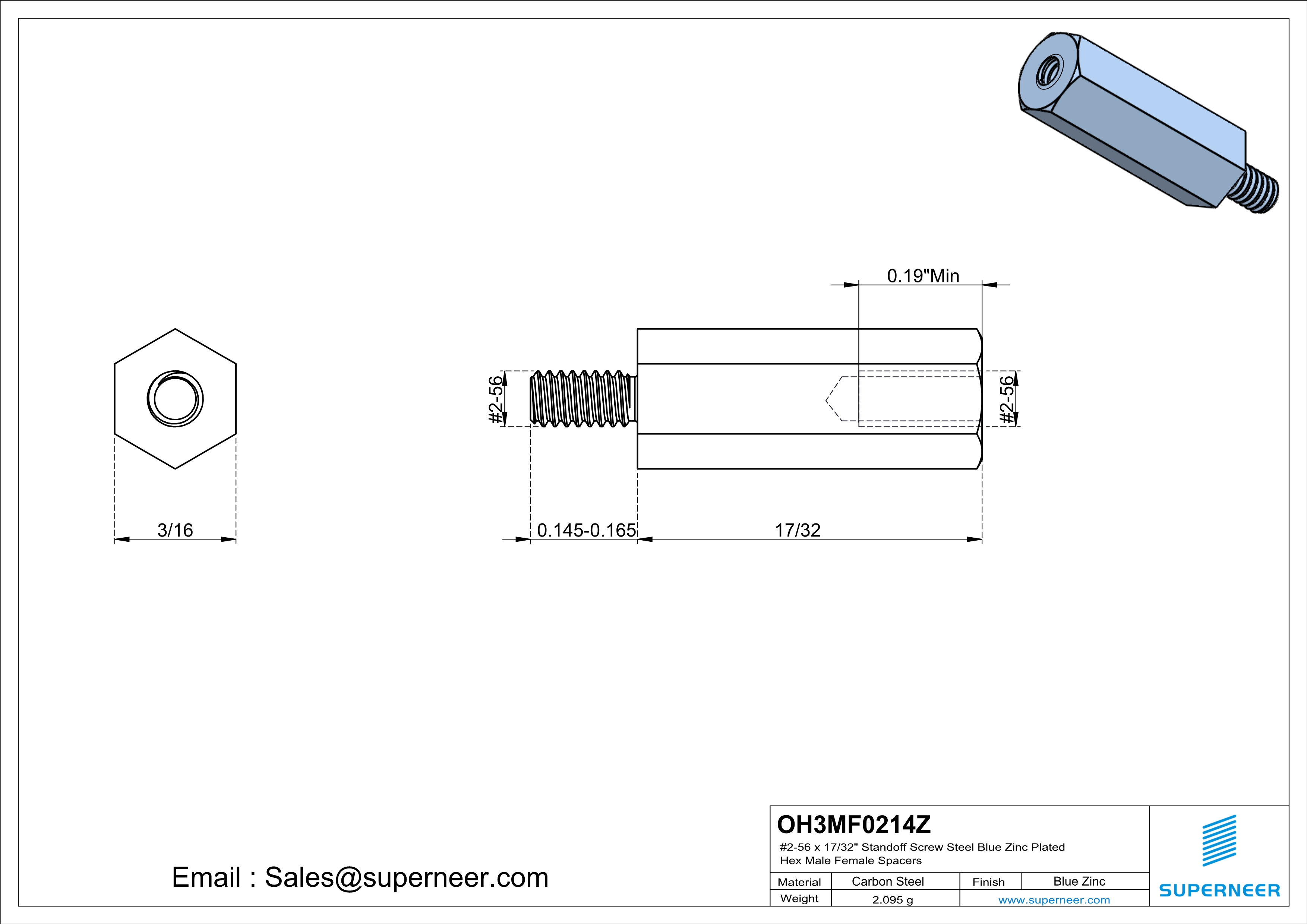 2-56 x 17/32" Standoff Screw Steel Blue Zinc Plated Hex Male Female Spacers 