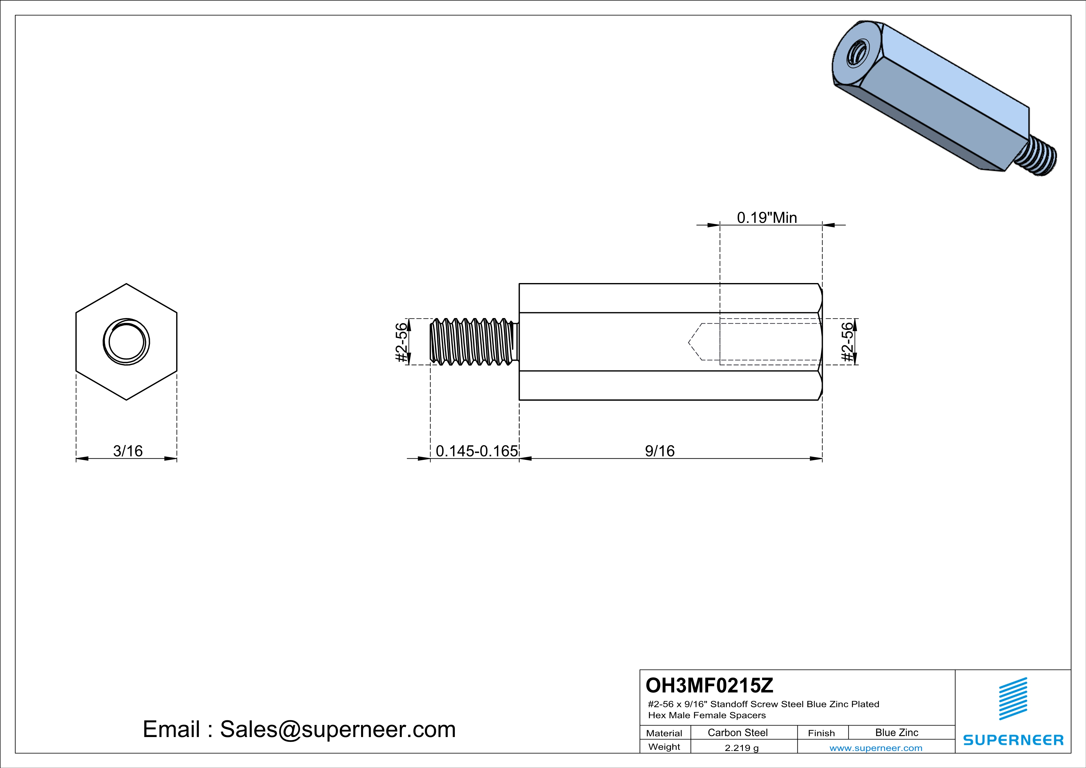 2-56 x 9/16" Standoff Screw Steel Blue Zinc Plated Hex Male Female Spacers 
