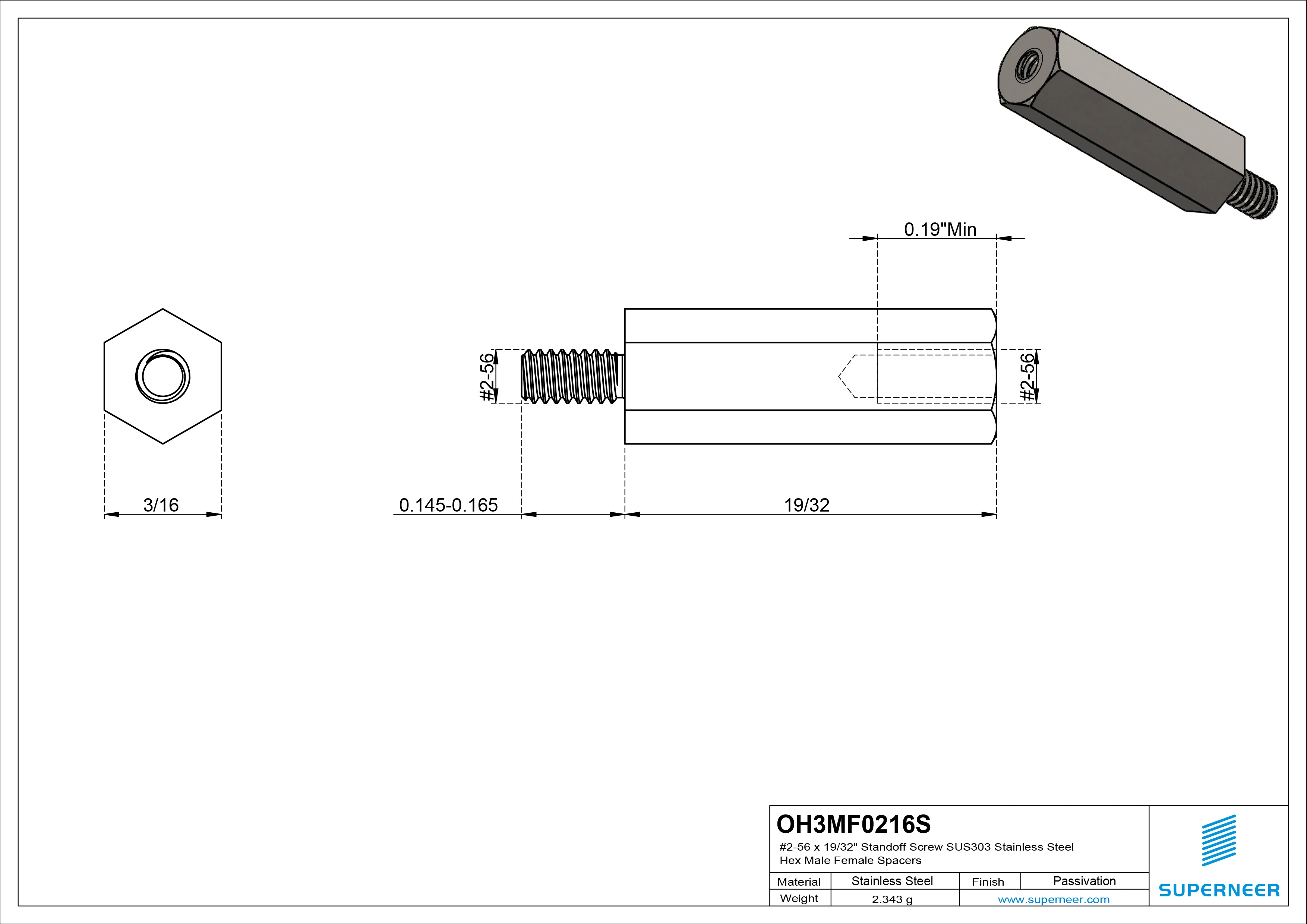 2-56 x 19/32" Standoff Screw SUS303 Stainless Steel Inox Hex Male Female Spacers 