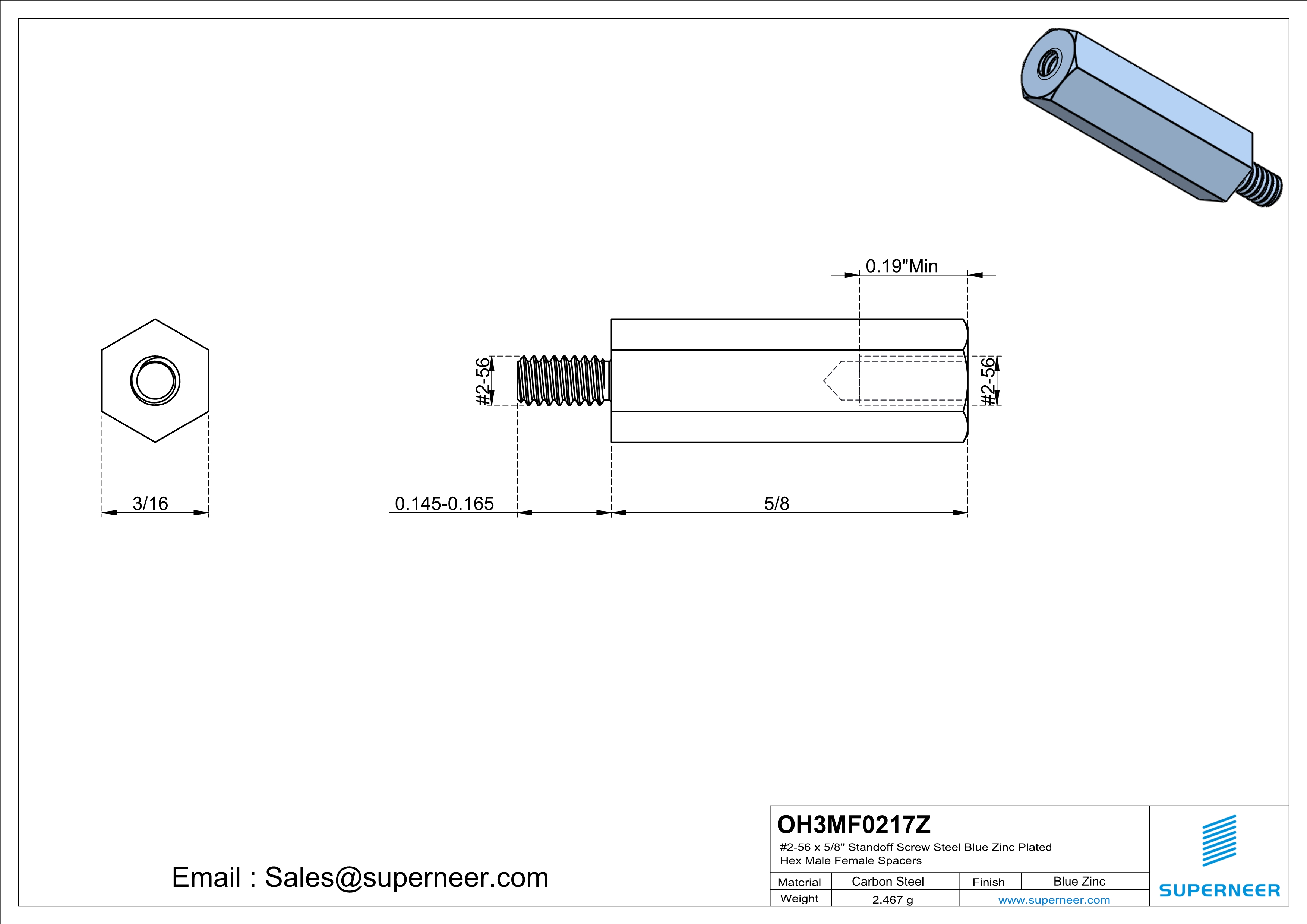 2-56 x 5/8" Standoff Screw Steel Blue Zinc Plated Hex Male Female Spacers 