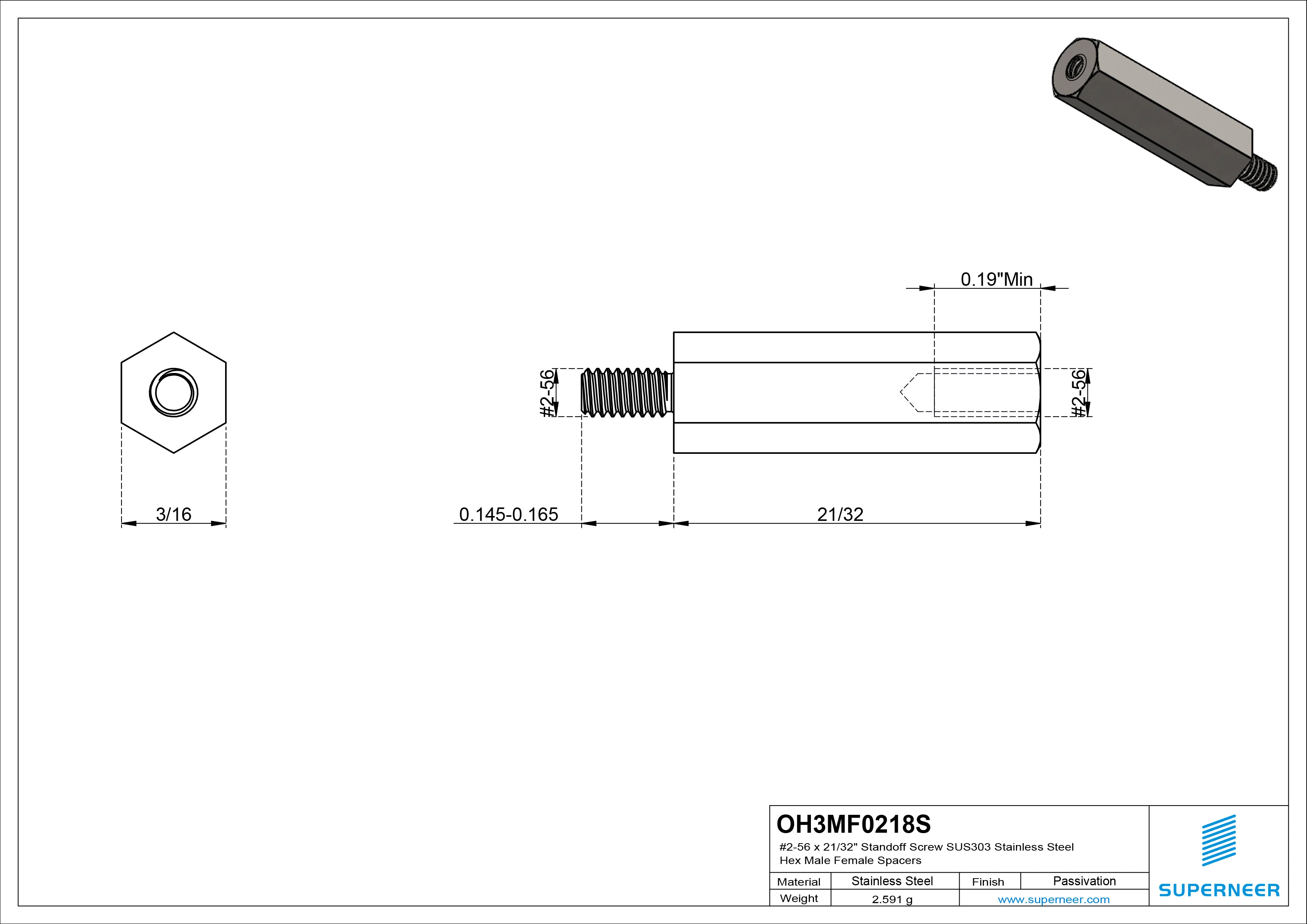2-56 x 21/32" Standoff Screw SUS303 Stainless Steel Inox Hex Male Female Spacers 