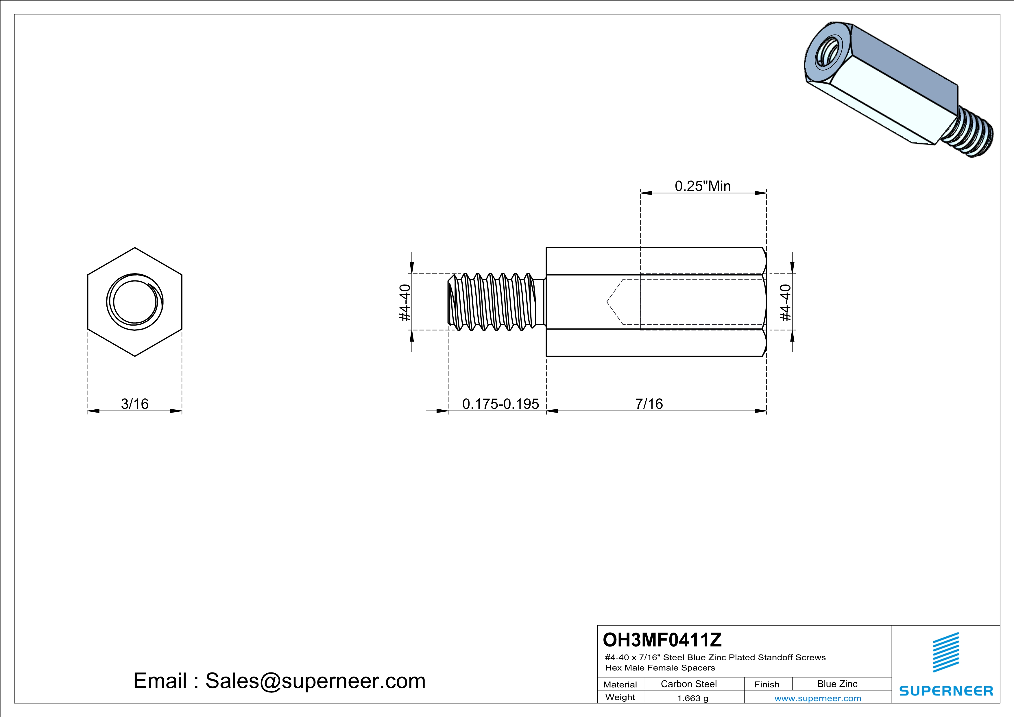 4-40 x 7/16" Steel Blue Zinc Plated Standoff Screws Hex Male Female Spacers 