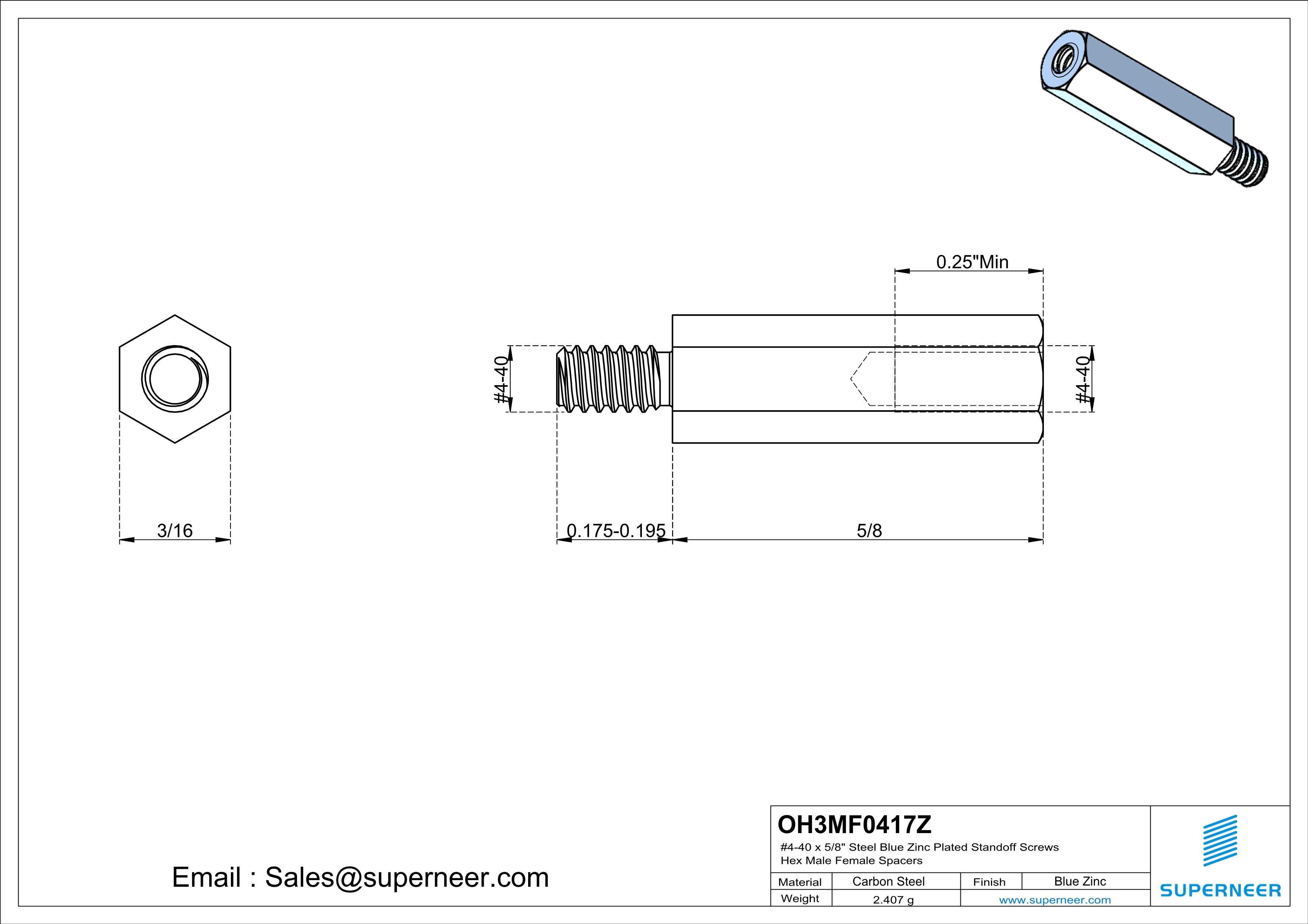 4-40 x 5/8" Steel Blue Zinc Plated Standoff Screws Hex Male Female Spacers 
