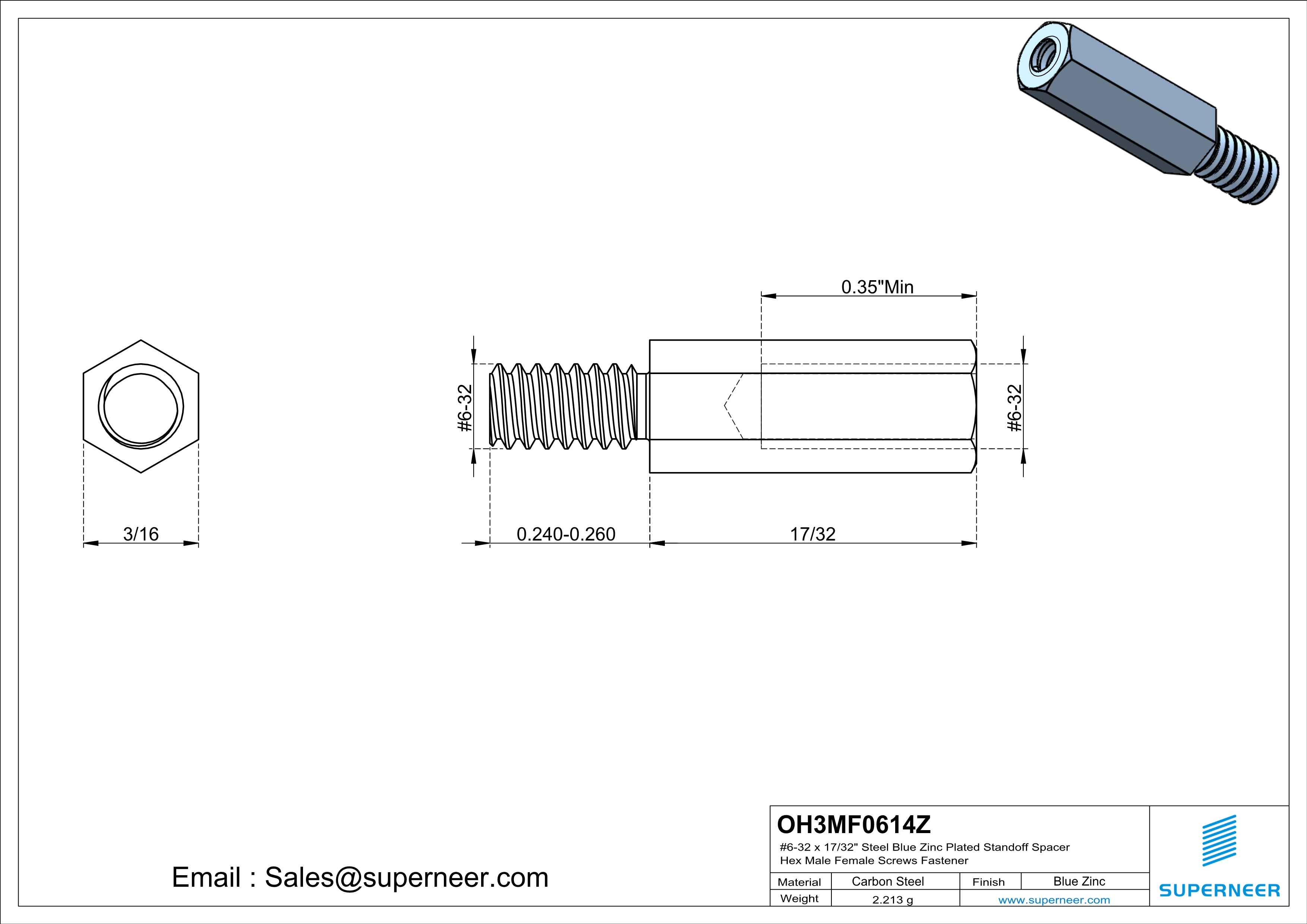 6-32 x 17/32" Steel Blue Zinc Plated Standoff Spacer Hex Male Female Screws Fastener