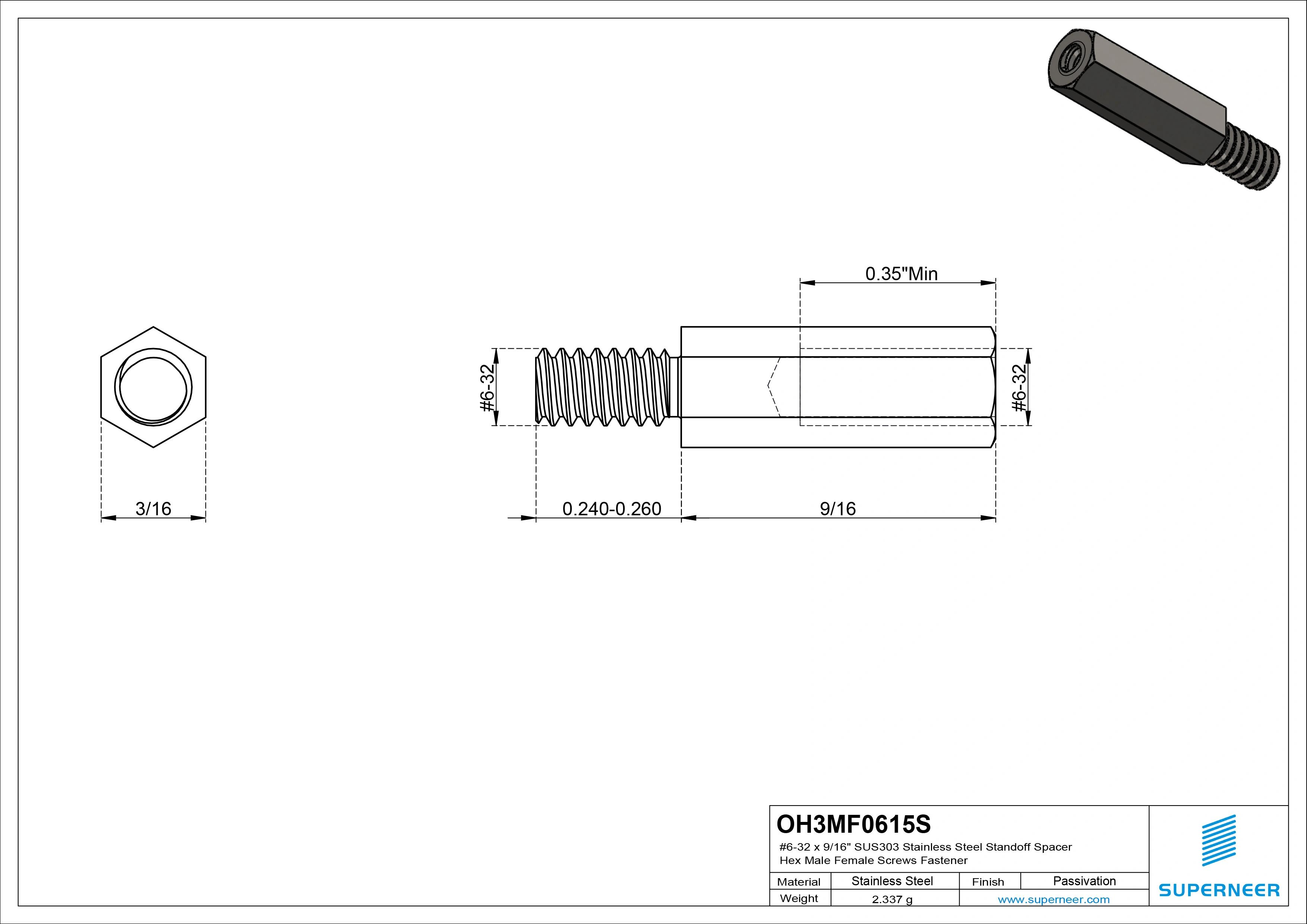 6-32 x 9/16" SUS303 Stainless Steel Inox Standoff Spacer Hex Male Female Screws Fastener
