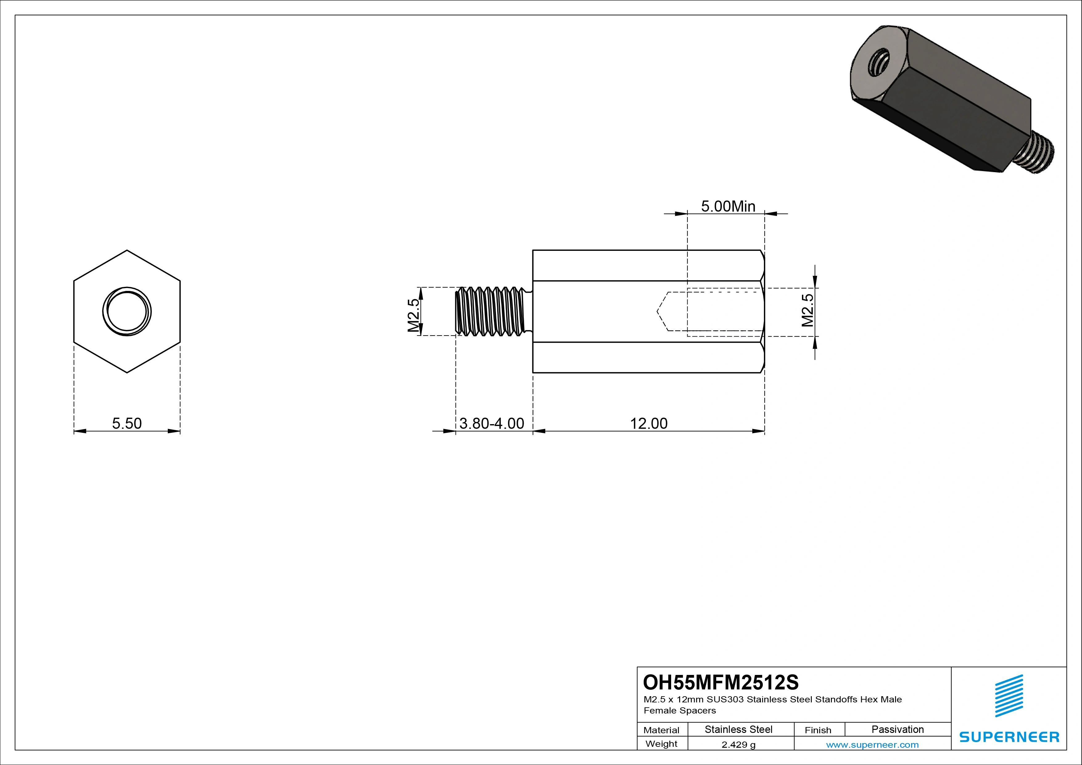 M2.5 x 12mm SUS303 Stainless Steel Inox Standoffs Hex Male Female Spacers