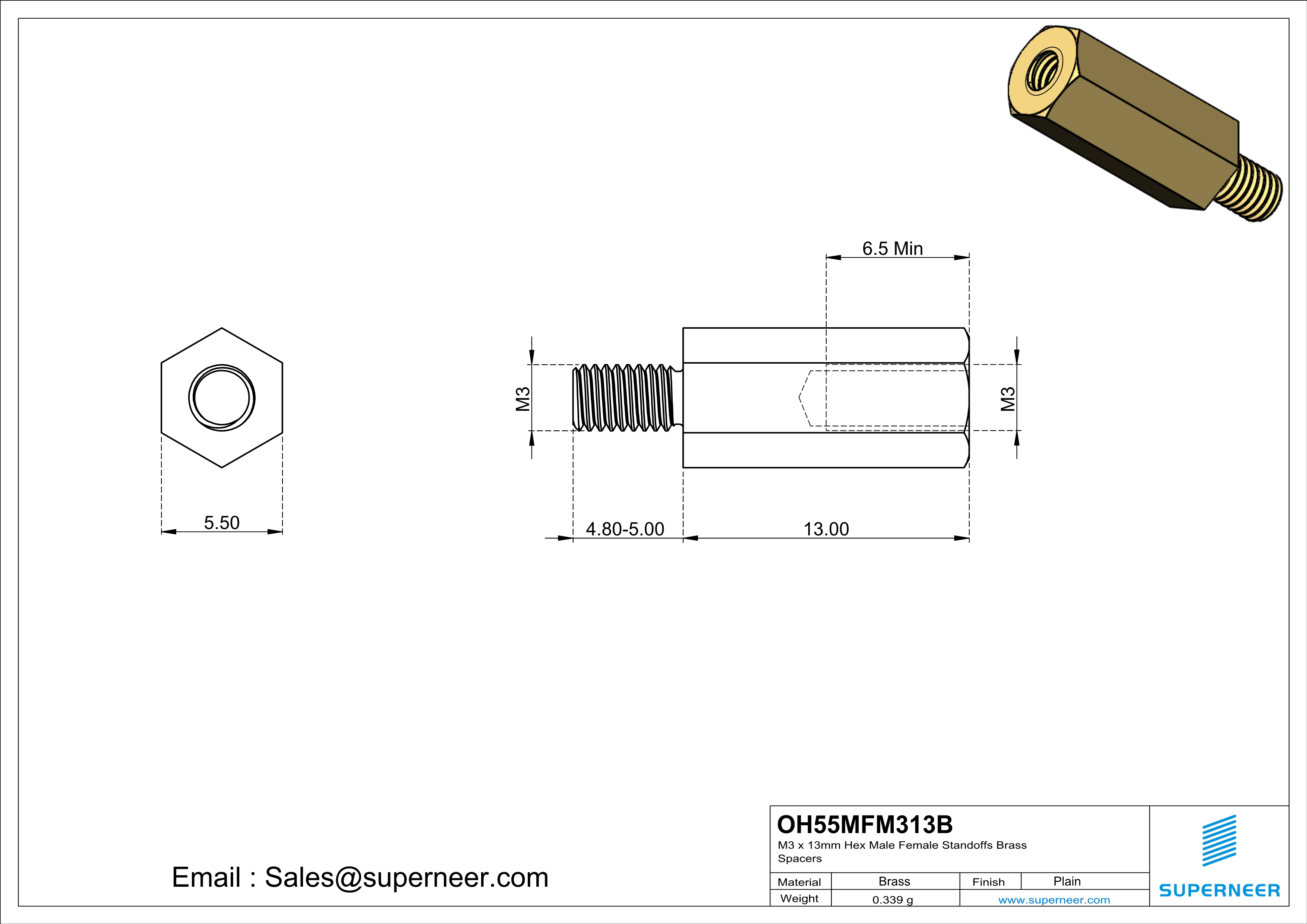 M3 x 13mm Hex Male Female Standoffs Brass Spacers 