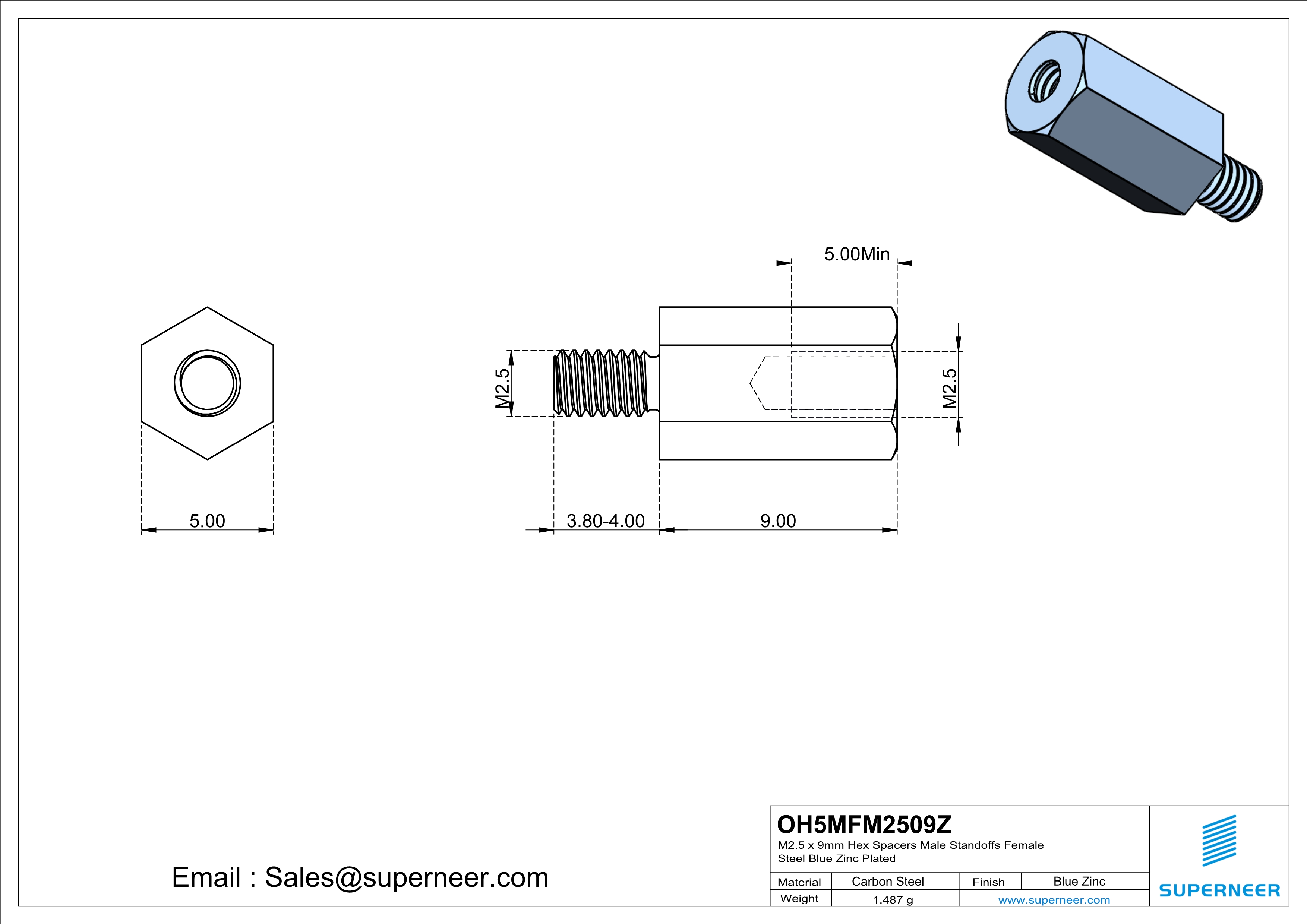M2.5 x 9mm Hex Spacers Male Standoffs Female Steel Blue Zinc Plated