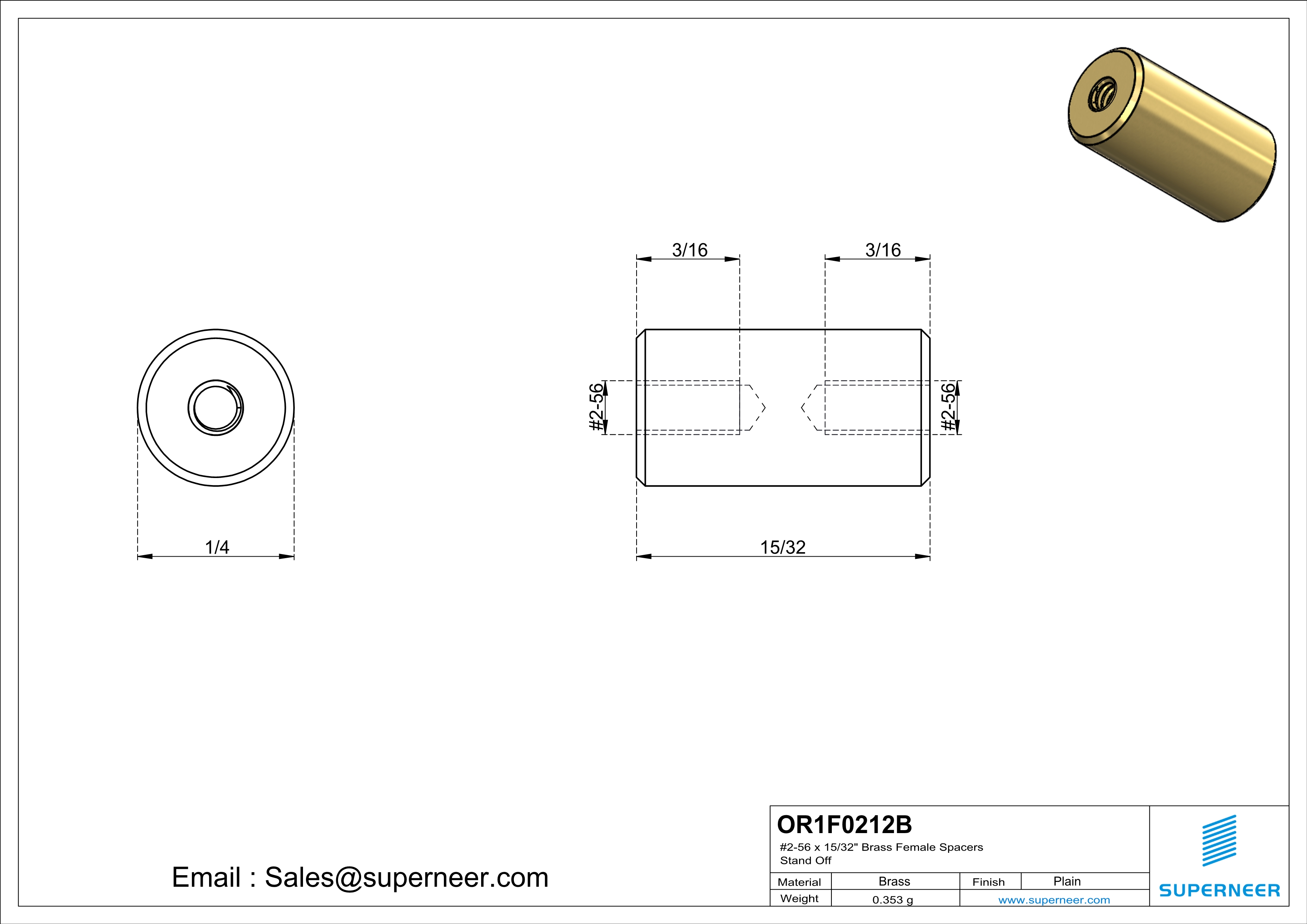 2-56 x 15/32" Brass Female Spacers Brass Stand Off  