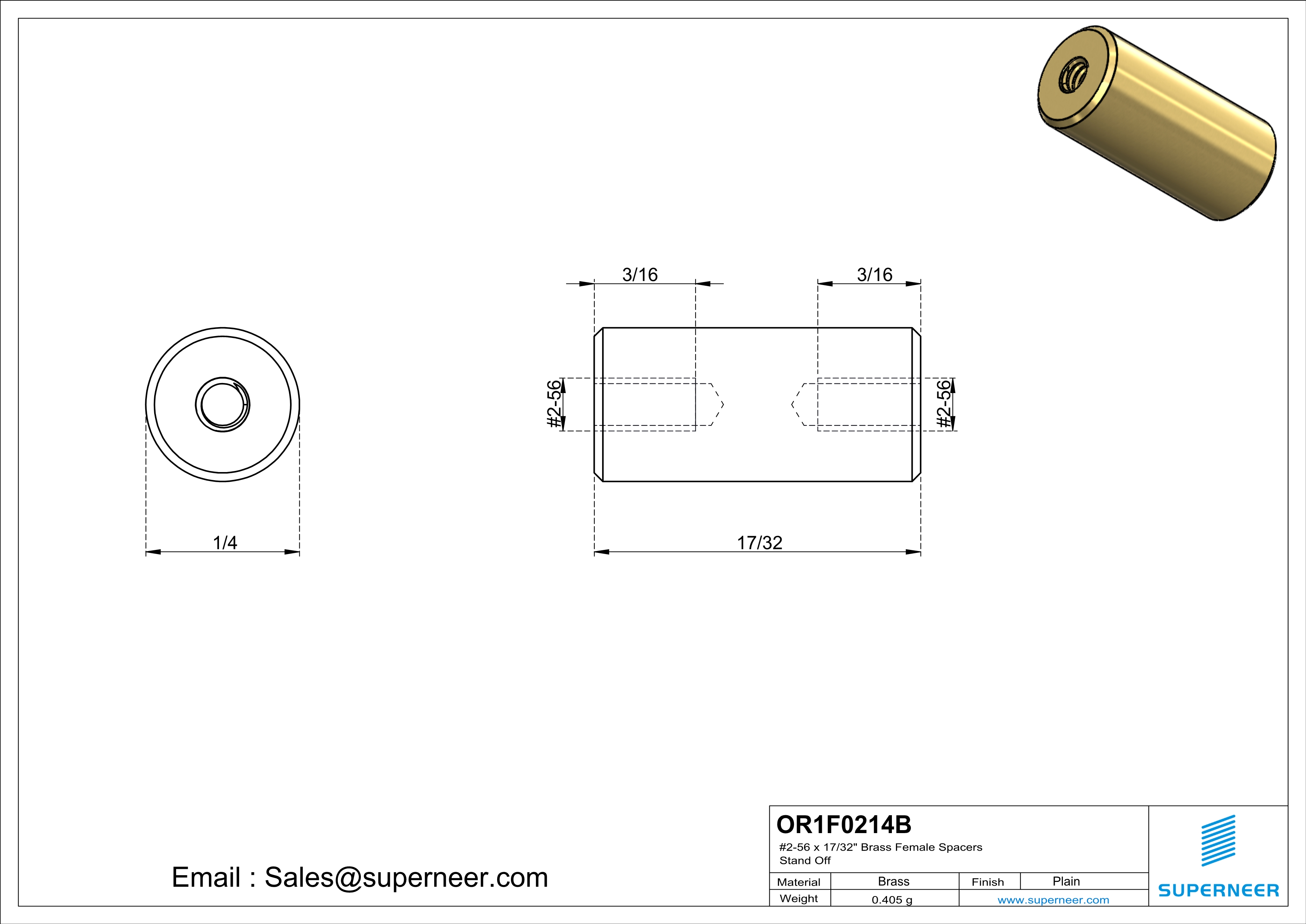 2-56 x 17/32" Brass Female Spacers Brass Stand Off  
