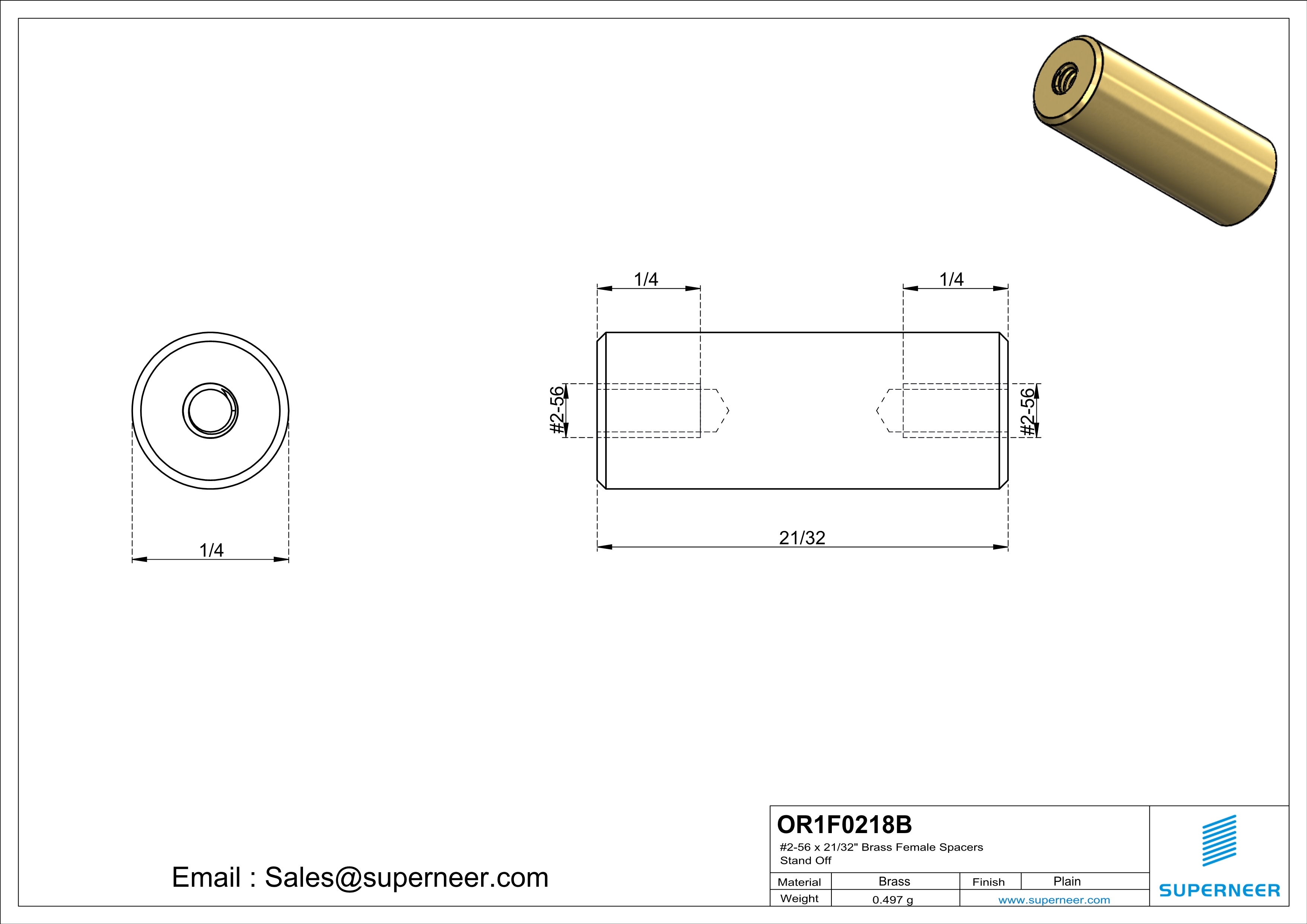 2-56 x 21/32" Brass Female Spacers Brass Stand Off  