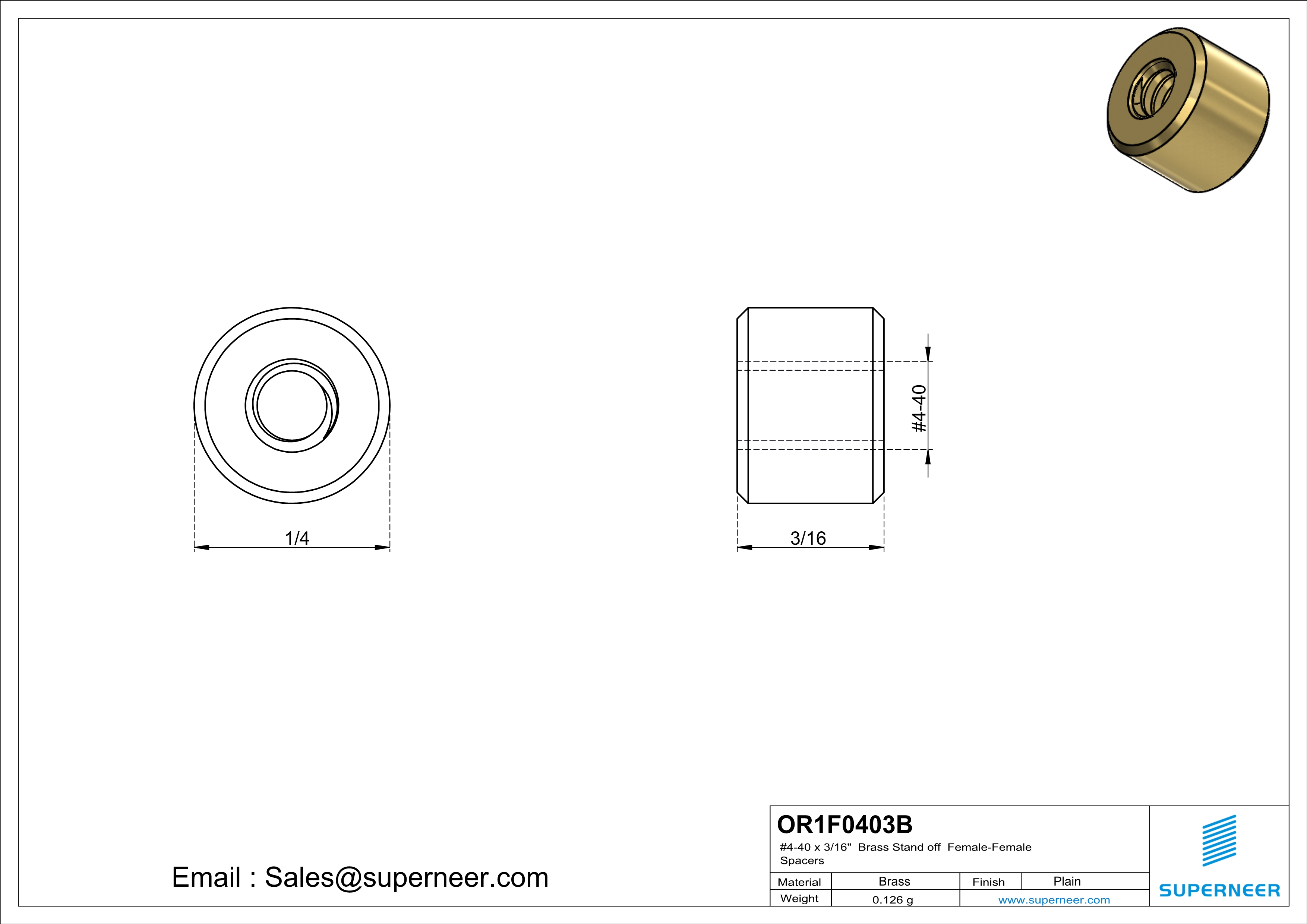 4-40 x 3/16" Brass Stand off Spacers Female-Female Brass  