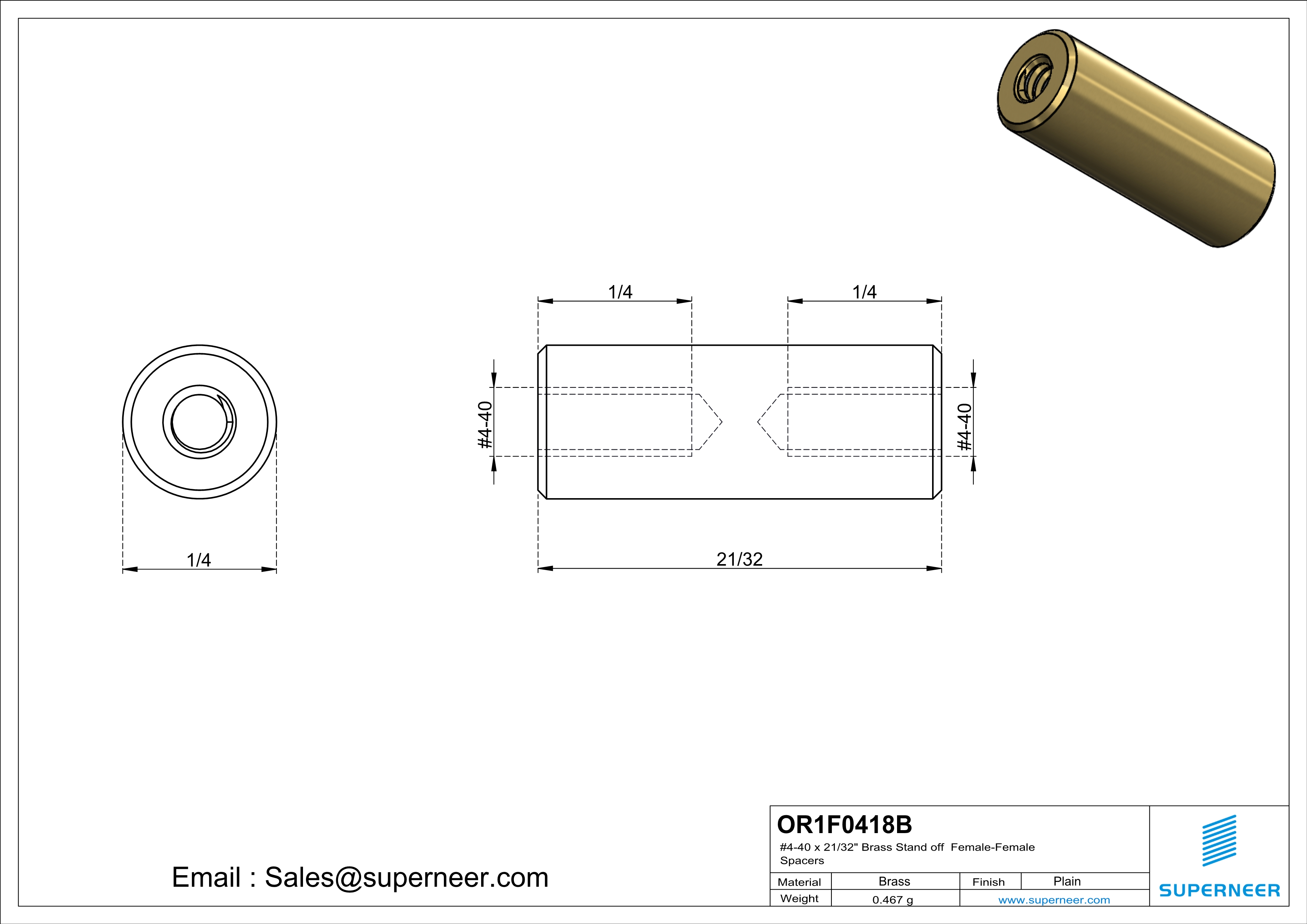 4-40 x 21/32" Brass Stand off Spacers Female-Female Brass  
