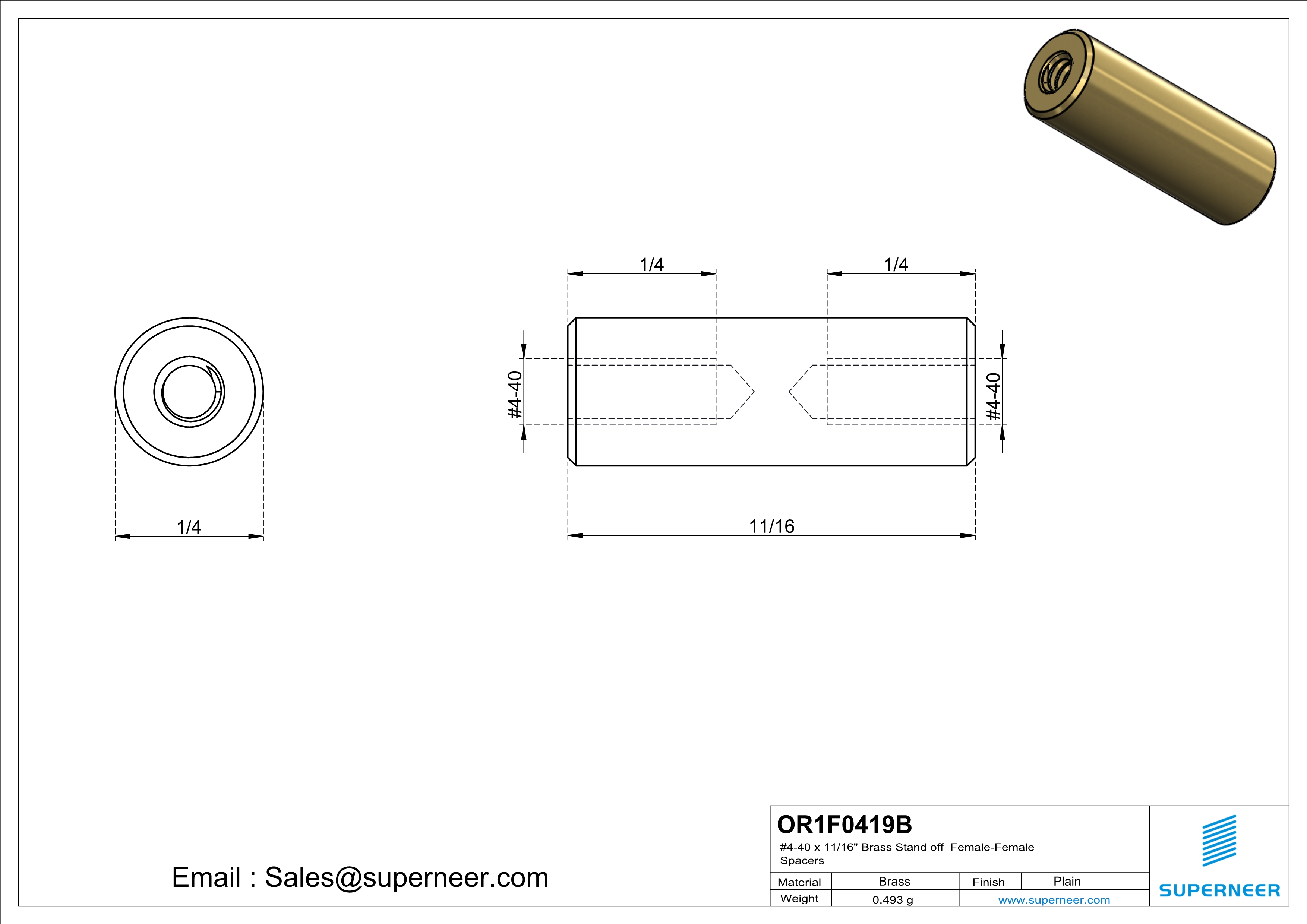 4-40 x 11/16" Brass Stand off Spacers Female-Female Brass  