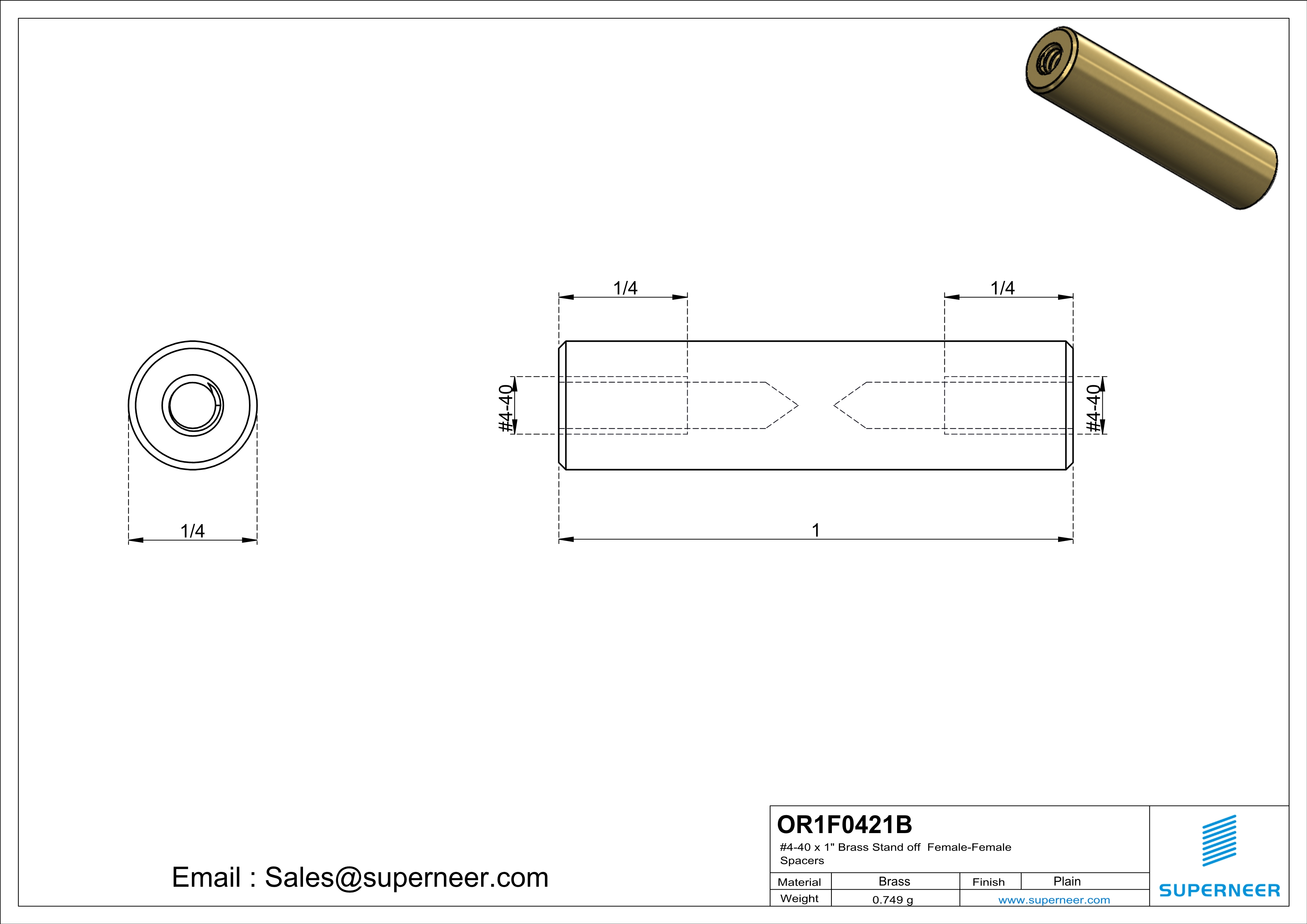 4-40 x 1" Brass Stand off Spacers Female-Female Brass  