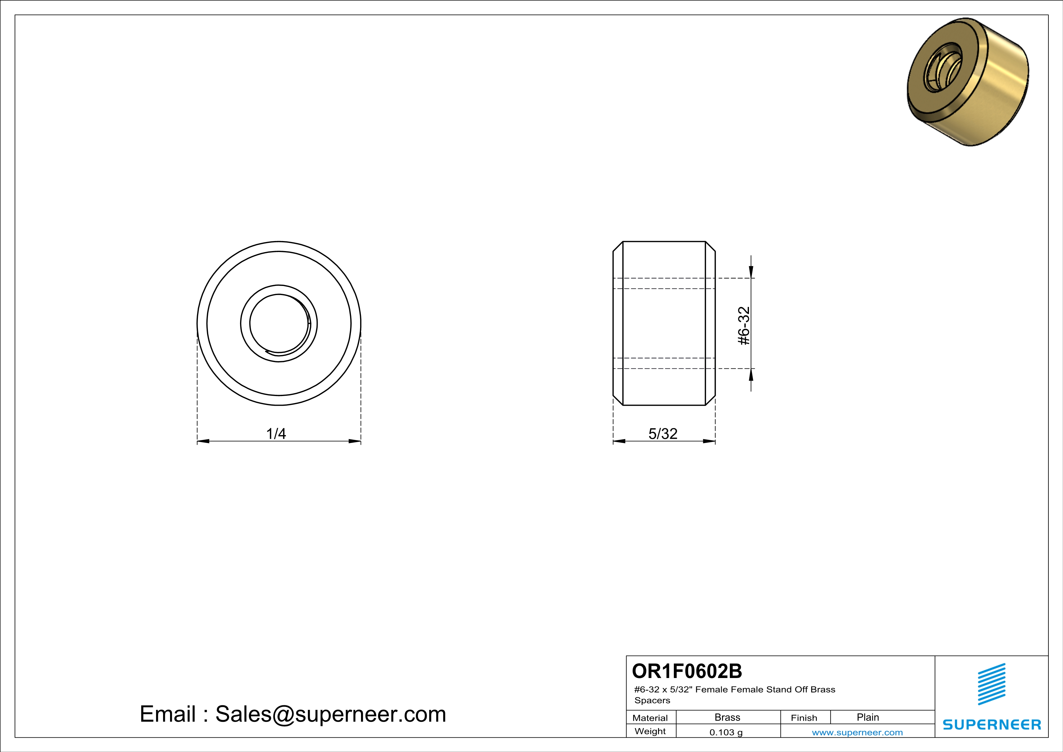 6-32 x 5/32" Female Female Brass Stand Off Brass Spacers 