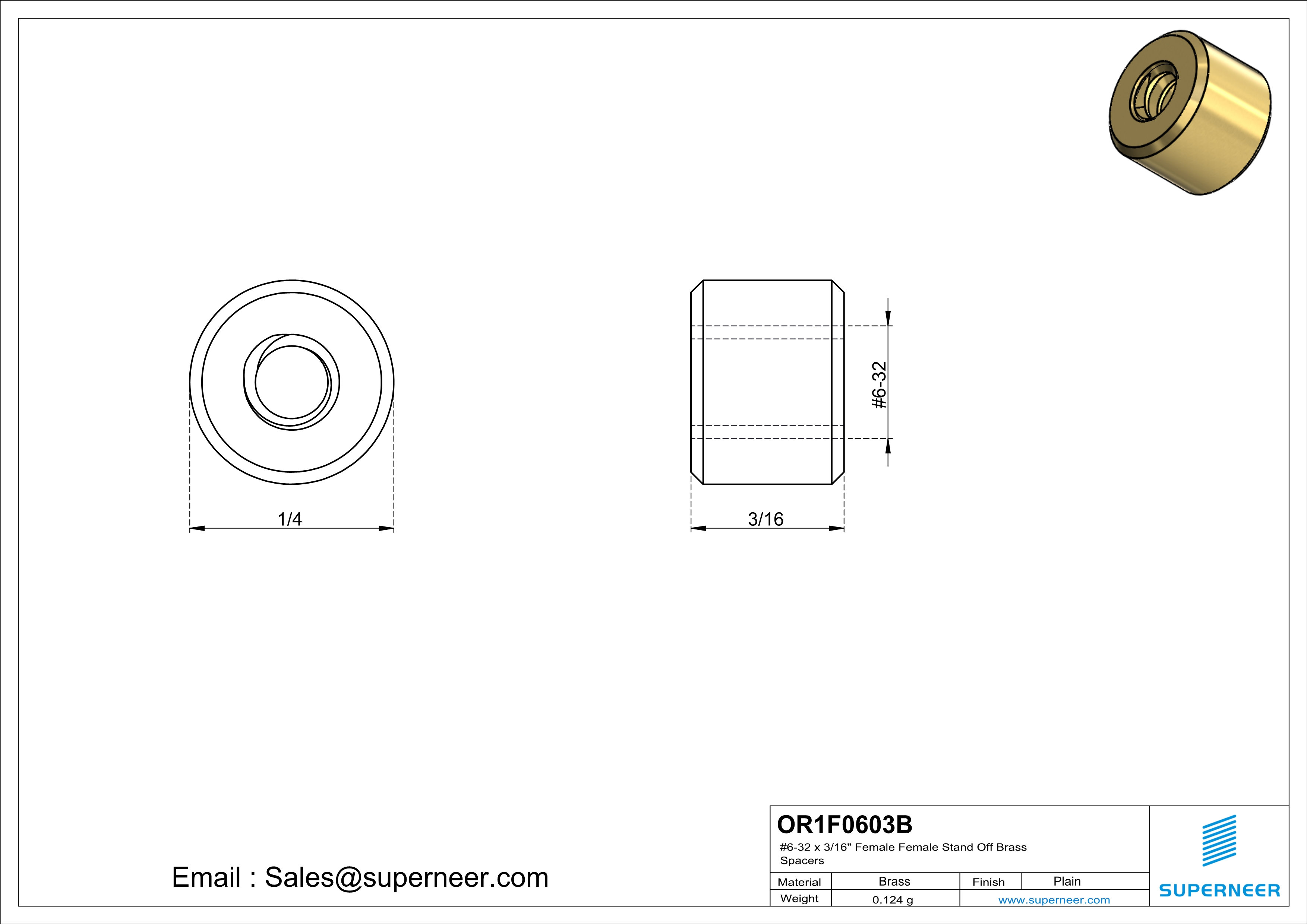 6-32 x 3/16" Female Female Brass Stand Off Brass Spacers 