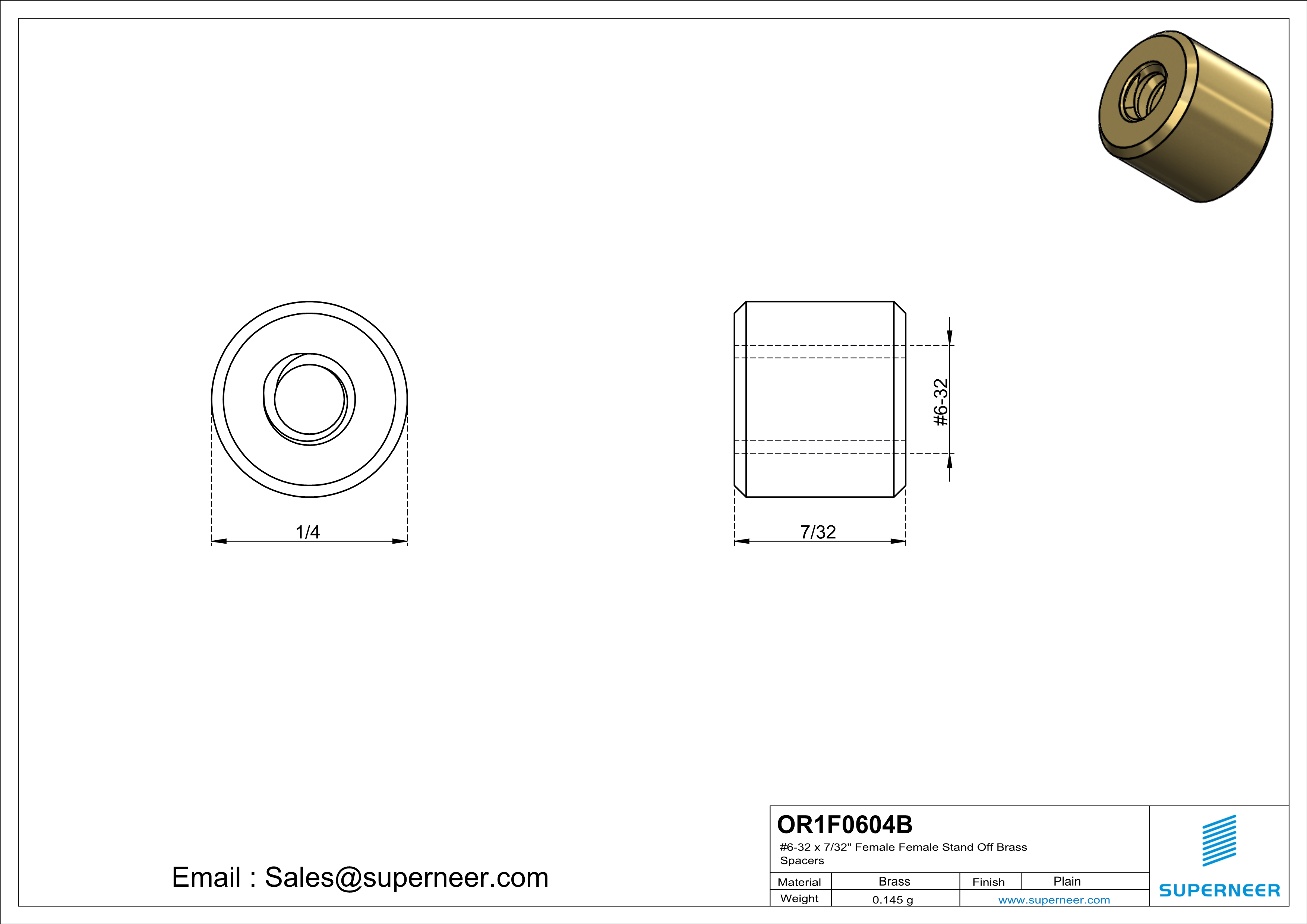 6-32 x 7/32" Female Female Brass Stand Off Brass Spacers 