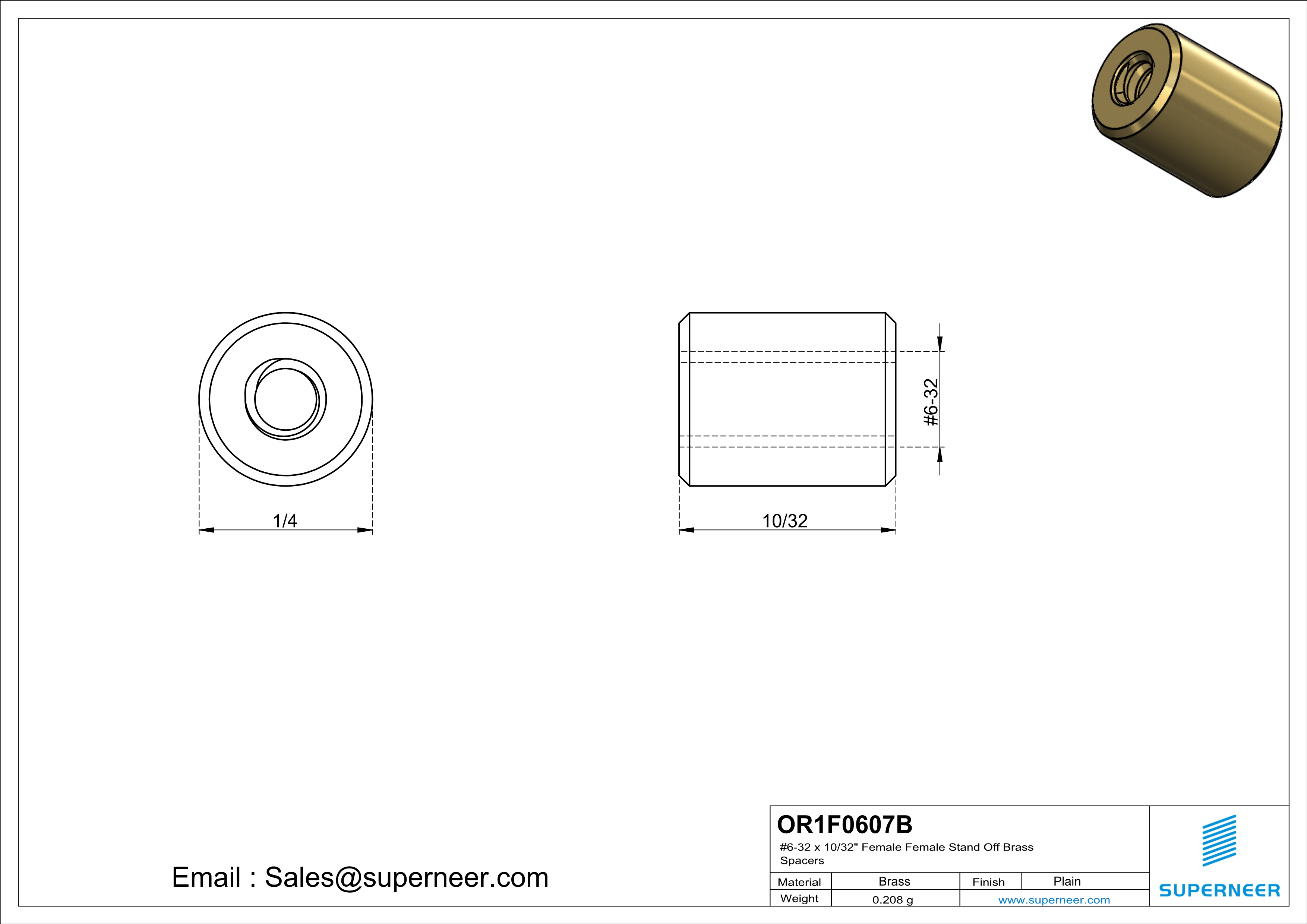 6-32 x 5/16" Female Female Brass Stand Off Brass Spacers 
