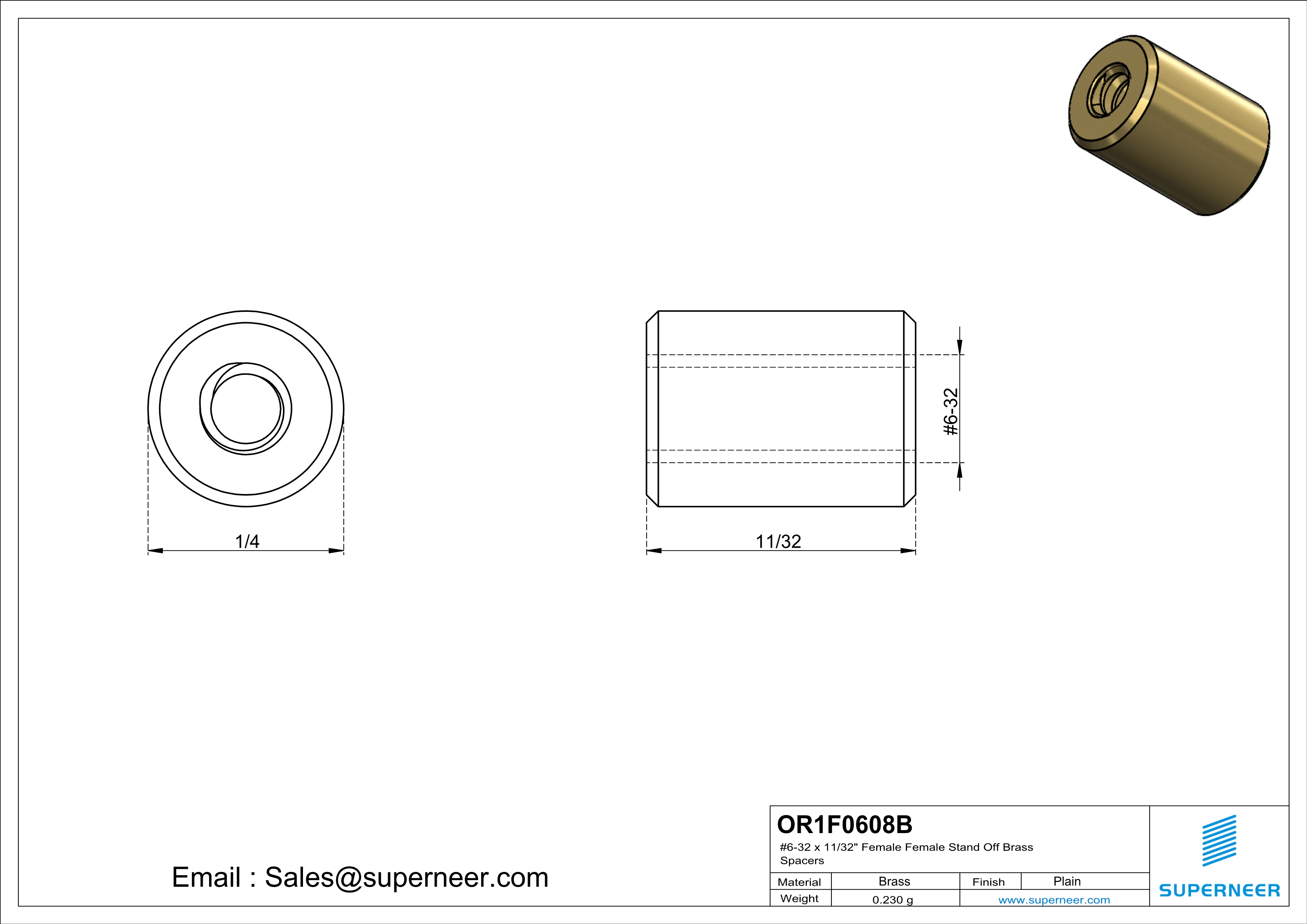 6-32 x 11/32" Female Female Brass Stand Off Brass Spacers 