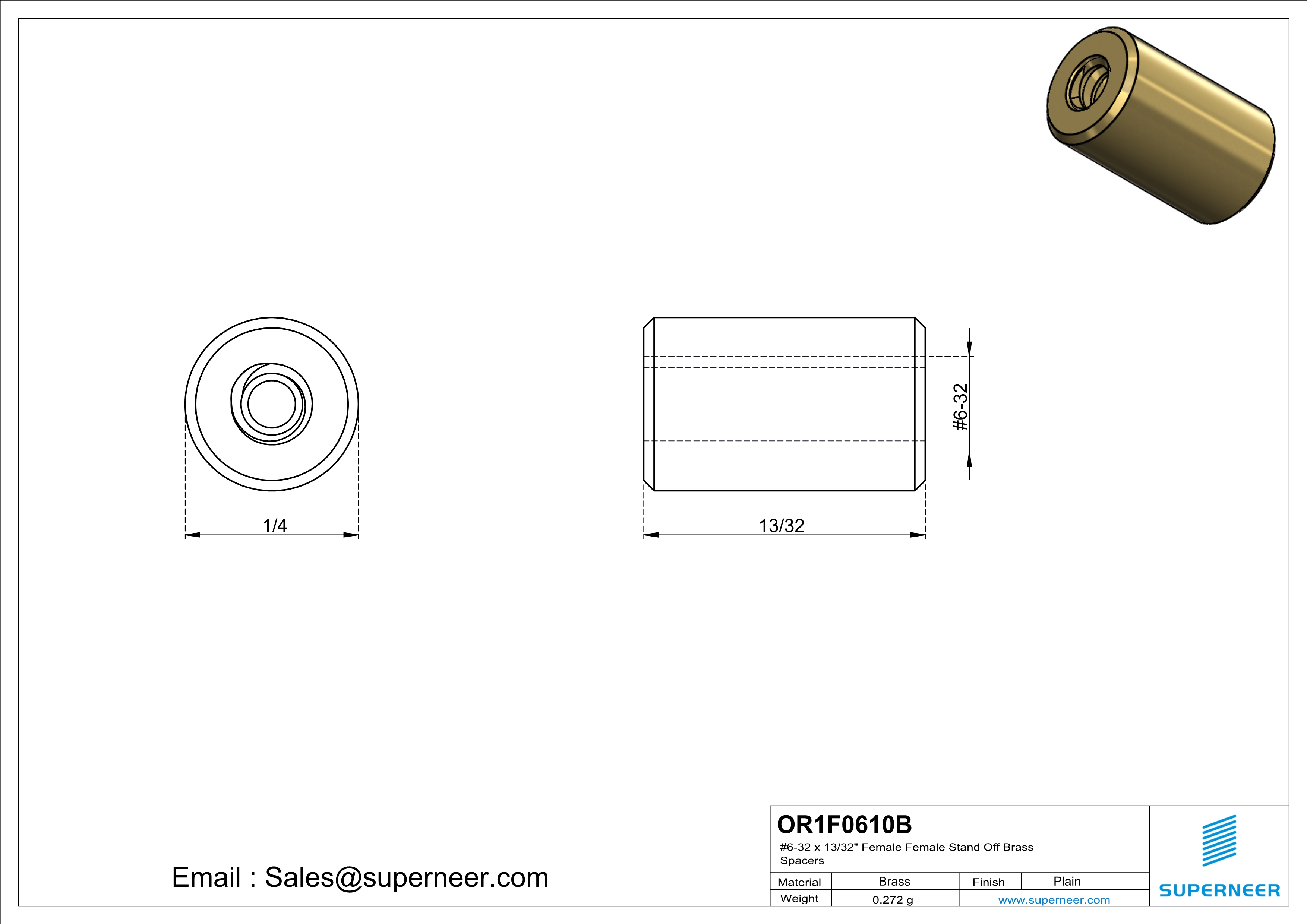 6-32 x 13/32" Female Female Brass Stand Off Brass Spacers 