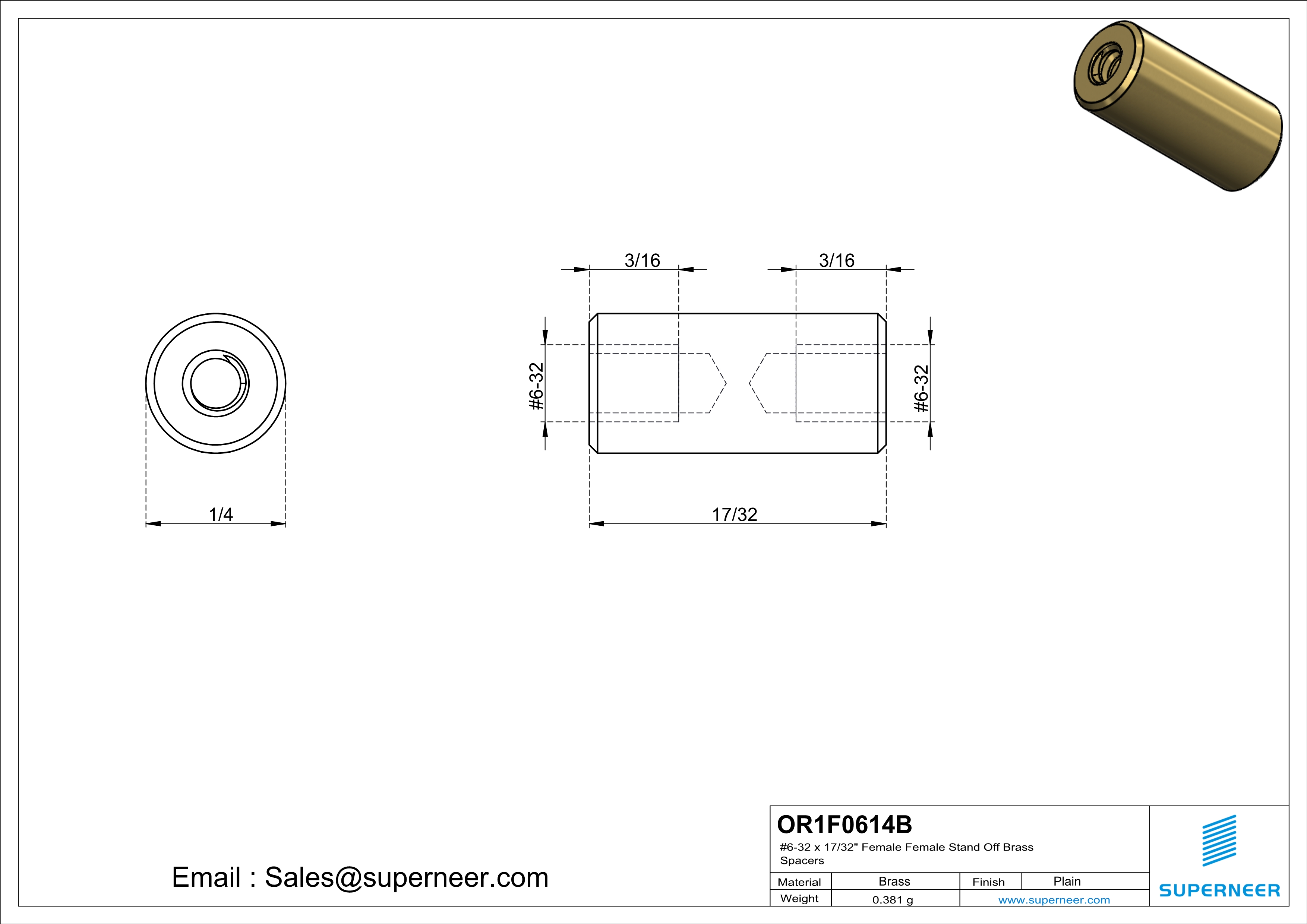 6-32 x 17/32" Female Female Brass Stand Off Brass Spacers 