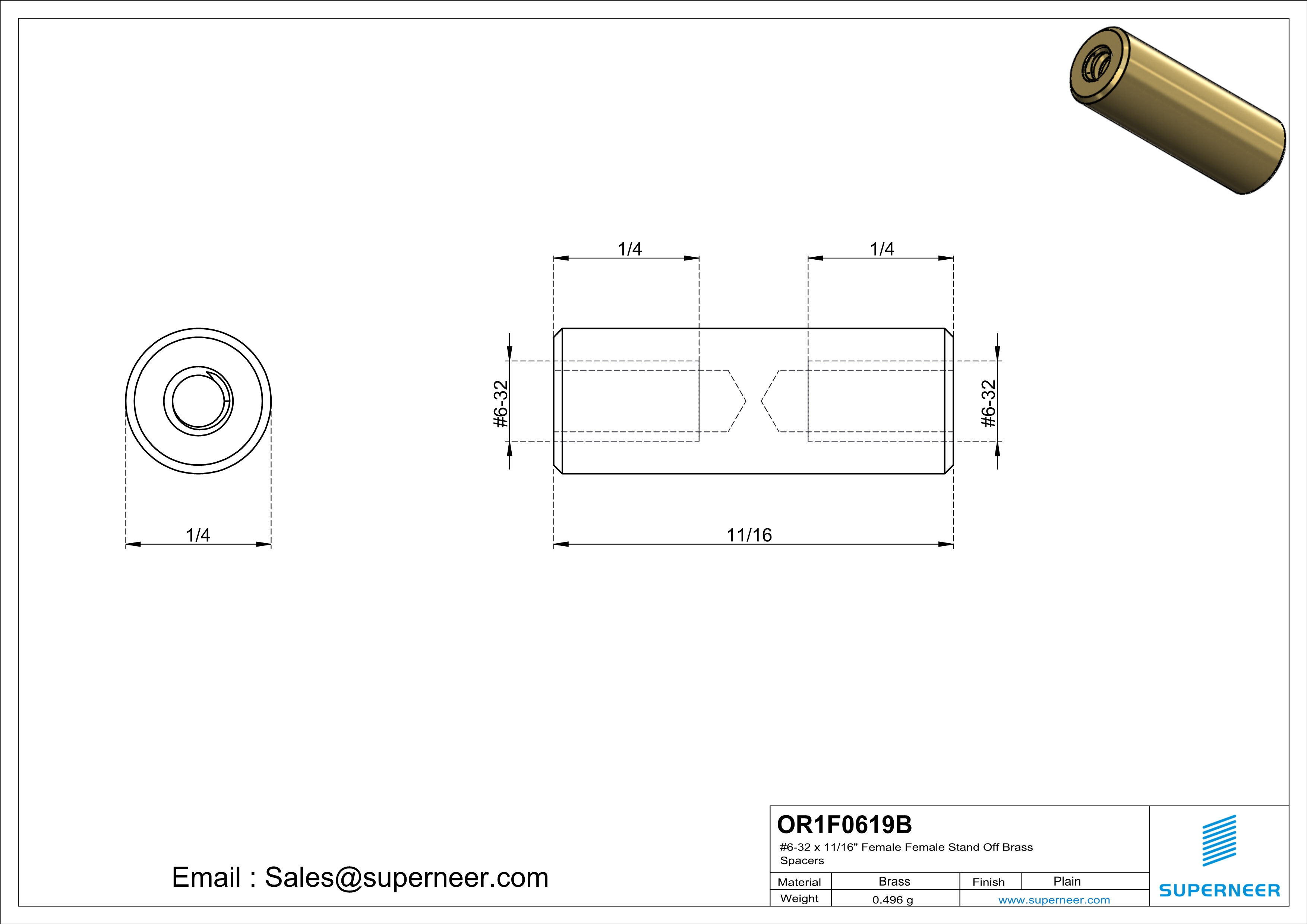 6-32 x 11/16" Female Female Brass Stand Off Brass Spacers 