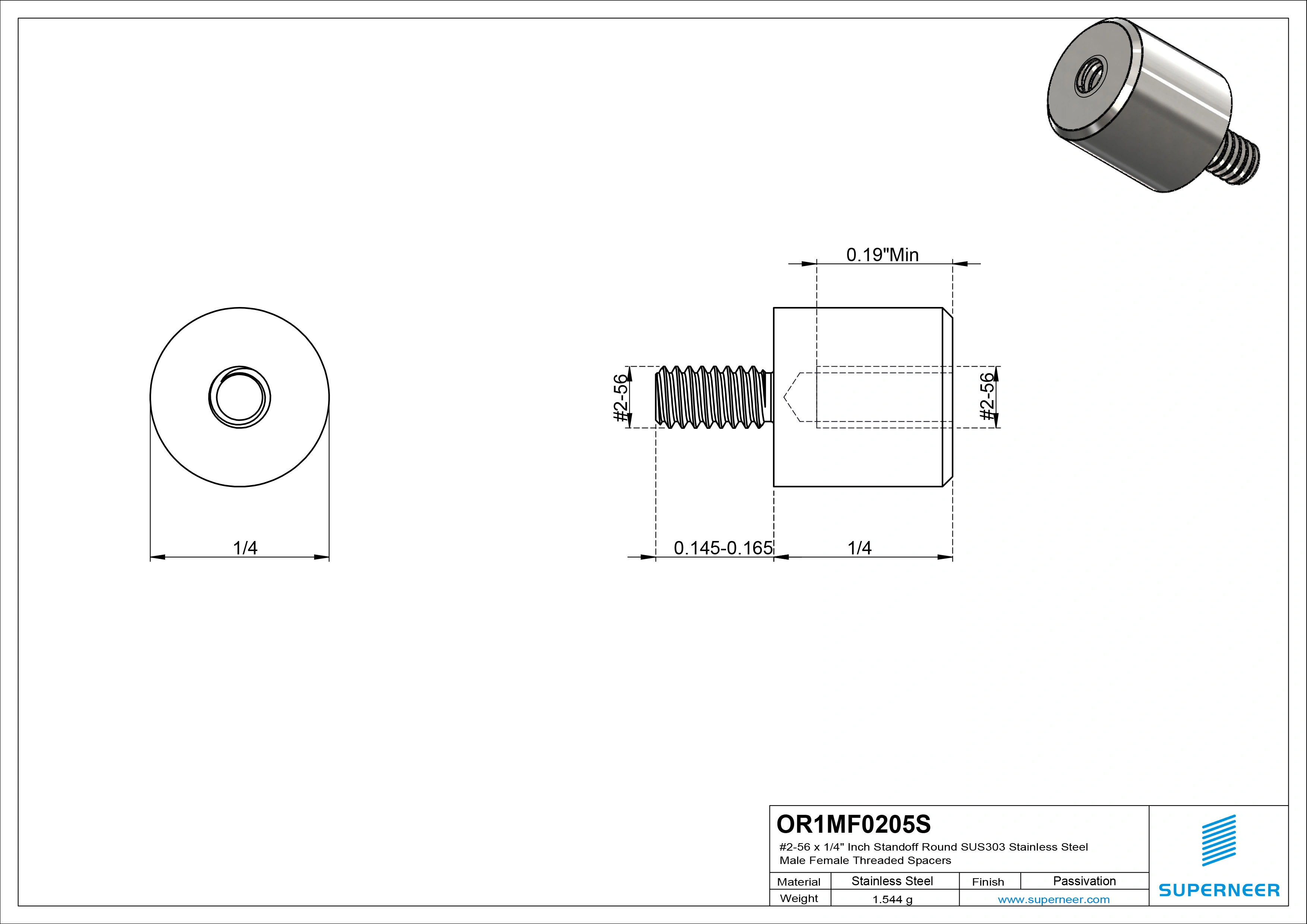 2-56 x 1/4" Inch Standoff Round SUS303 Stainless Steel Inox Male Female Threaded Spacers