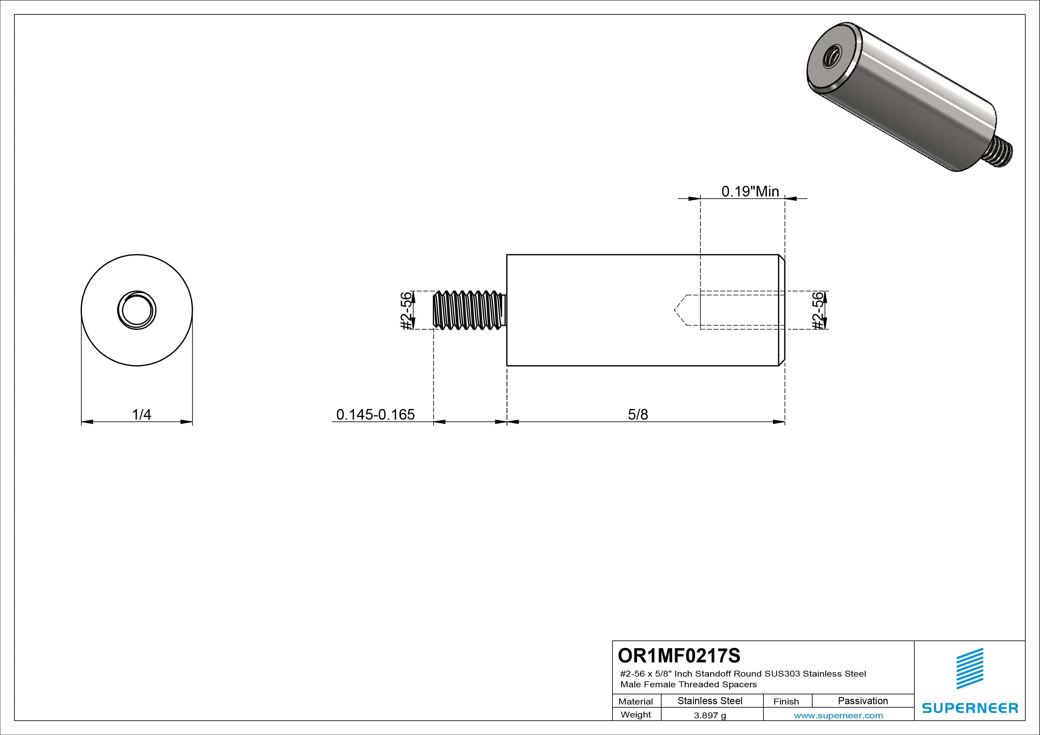 2-56 x 5/8" Inch Standoff Round SUS303 Stainless Steel Inox Male Female Threaded Spacers